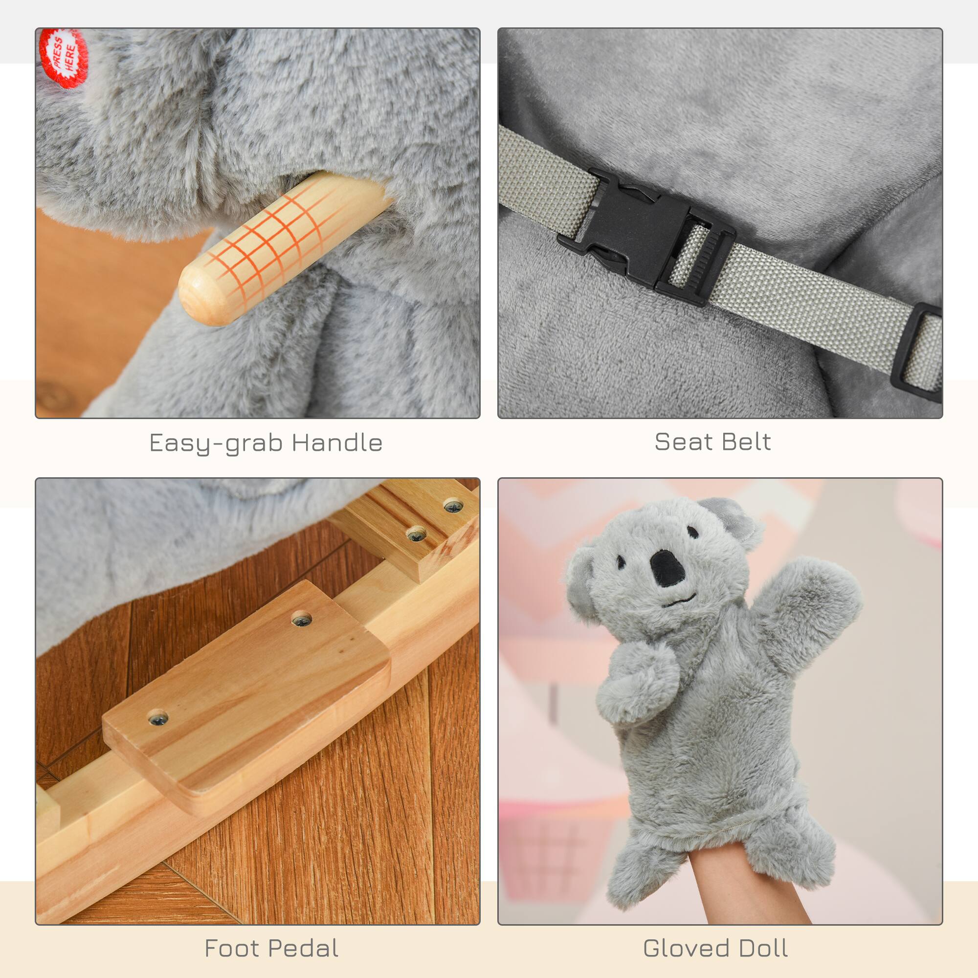 Easy-grab Handle  
Seat Belt  
Foot Pedal  
Gloved Doll