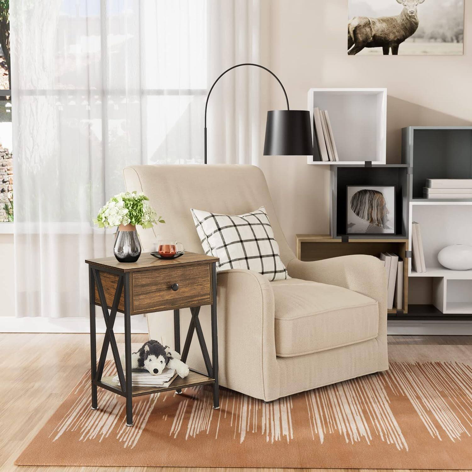 Alt View 1. Vecelo - Nightstand with Drawer - Bedside Table with Storage Shelf, Compact End Table for Bedroom, MDF Wood Nightstand - Brown.