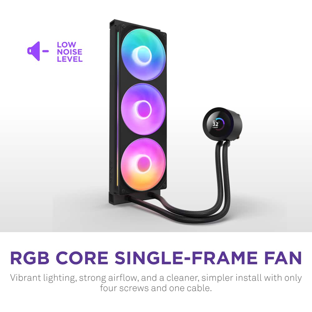 LOW-NOISE LEVEL - 32 - RGB CORE SINGLE-FRAME FAN: Vibrant lighting, strong airflow, and a cleaner, simpler install with only four screws and one cable.