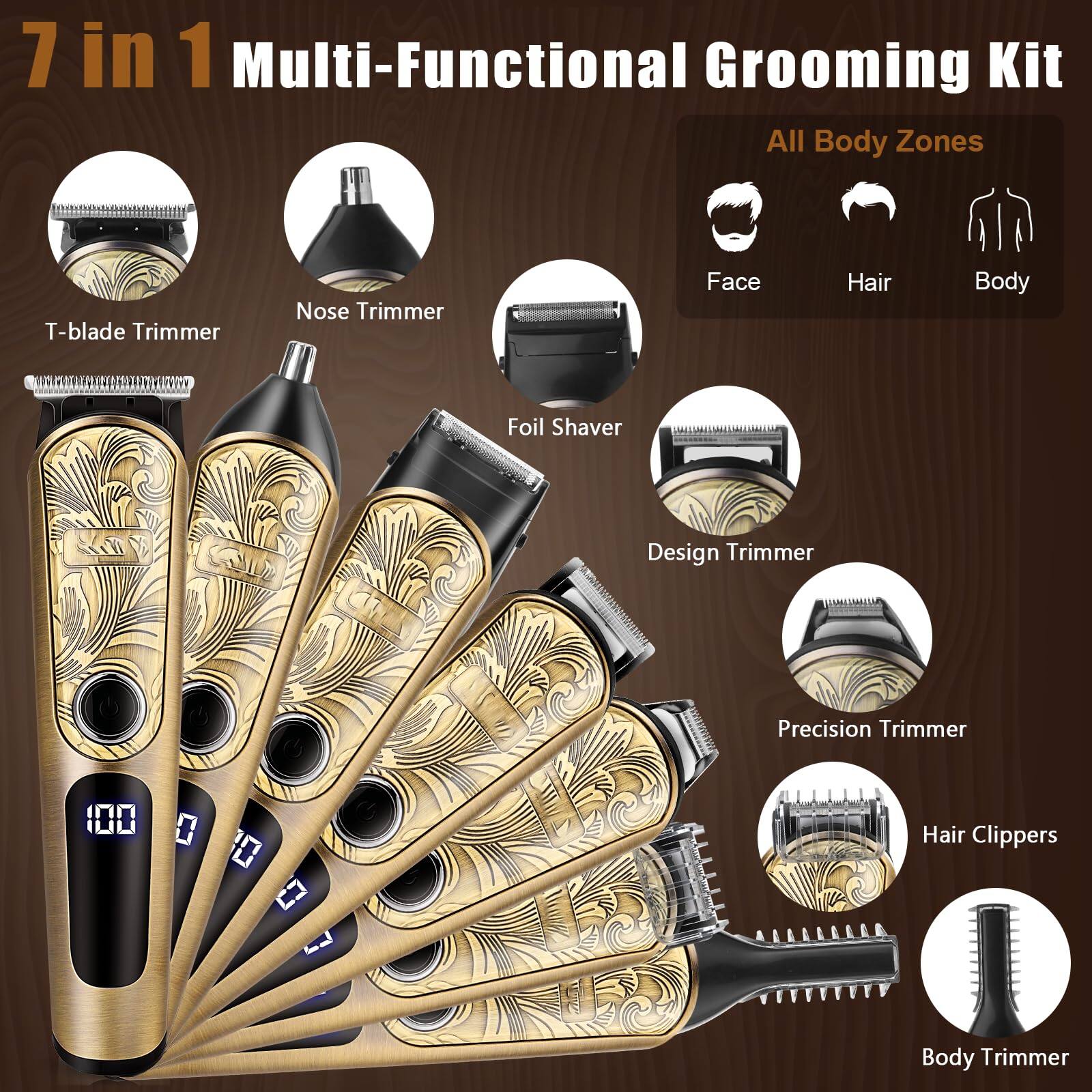 7 in 1 Multi-Functional Grooming Kit All Body Zones T-blade Trimmer Nose Trimmer Face Hair Body Foil Shaver Design Trimmer Precision Trimmer Hair Clippers Body Trimmer
