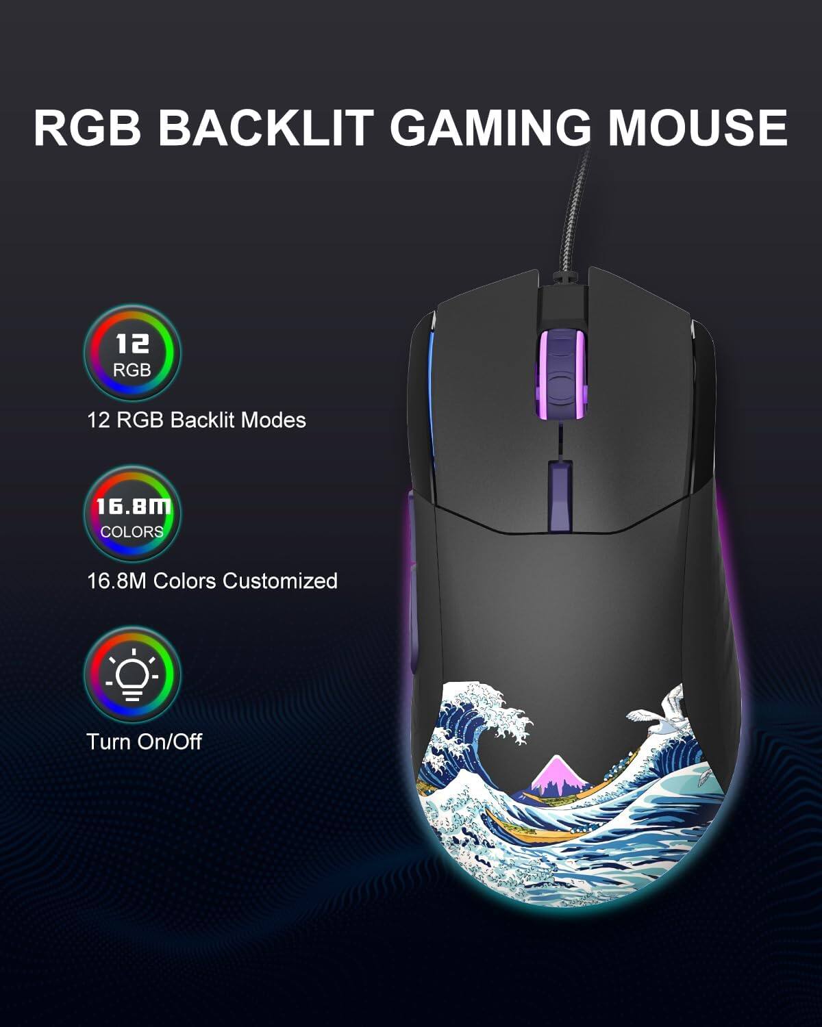 RGB BACKLIT GAMING MOUSE

12 RGB Backlit Modes

16.8M Colors Customized

Turn On/Off