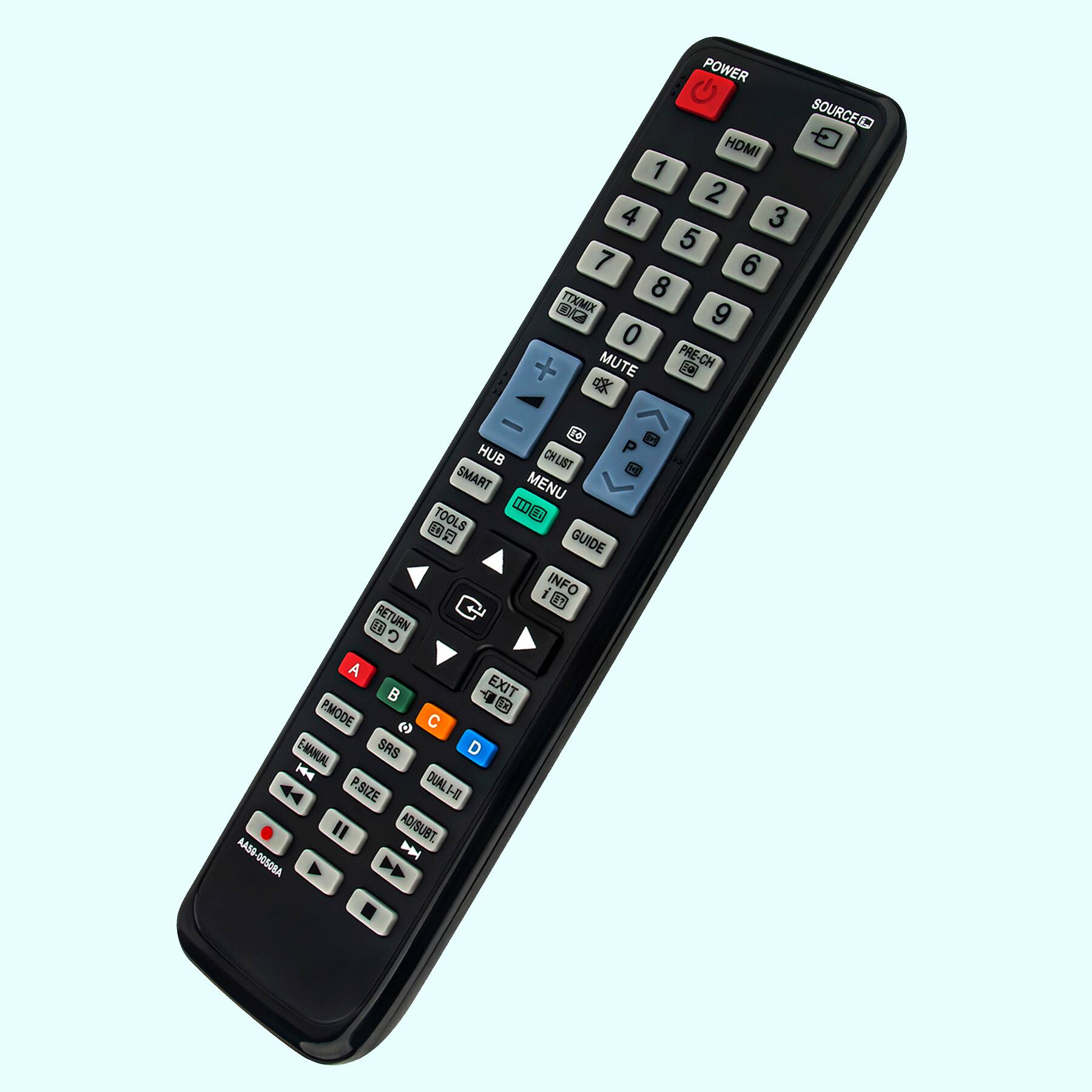 POWER  
SOURCE HDMI 1 2 3 4 5 6 7 8 9 0 + MUTE PRE-CH [ de HUB CHLIST SMART MENU THI TOOLS GUIDE i INFO E D RETURN C A B EXIT PMODE 0 e C E-MANUAL SAS D H DUAL P.SIZE H " AD/SUBT AASO D OOSOBA