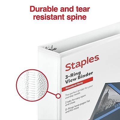 Durable and tear resistant spine

Staples  
3-Ring Binder  
View  
Standard Duty

The perfect binder for your everyday needs  
2 tabs for easy open and close  
D-Rings keep pages flat and fits more