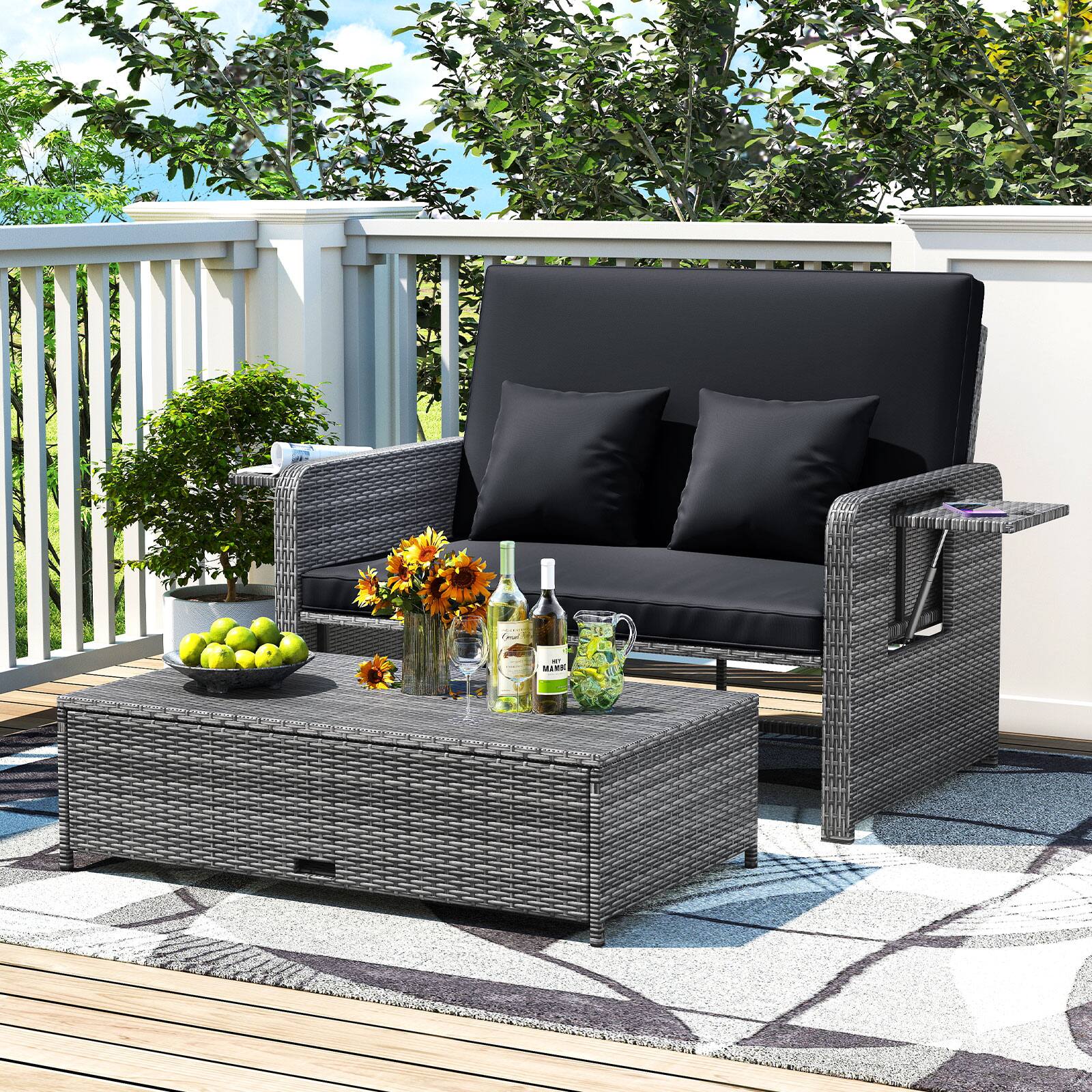 Alt View 1. Gymax - Gymax Rattan Daybed Wicker Loveseat Sofa Set w/ Ottoman & Retractable Side Tray Patio Black - Black.