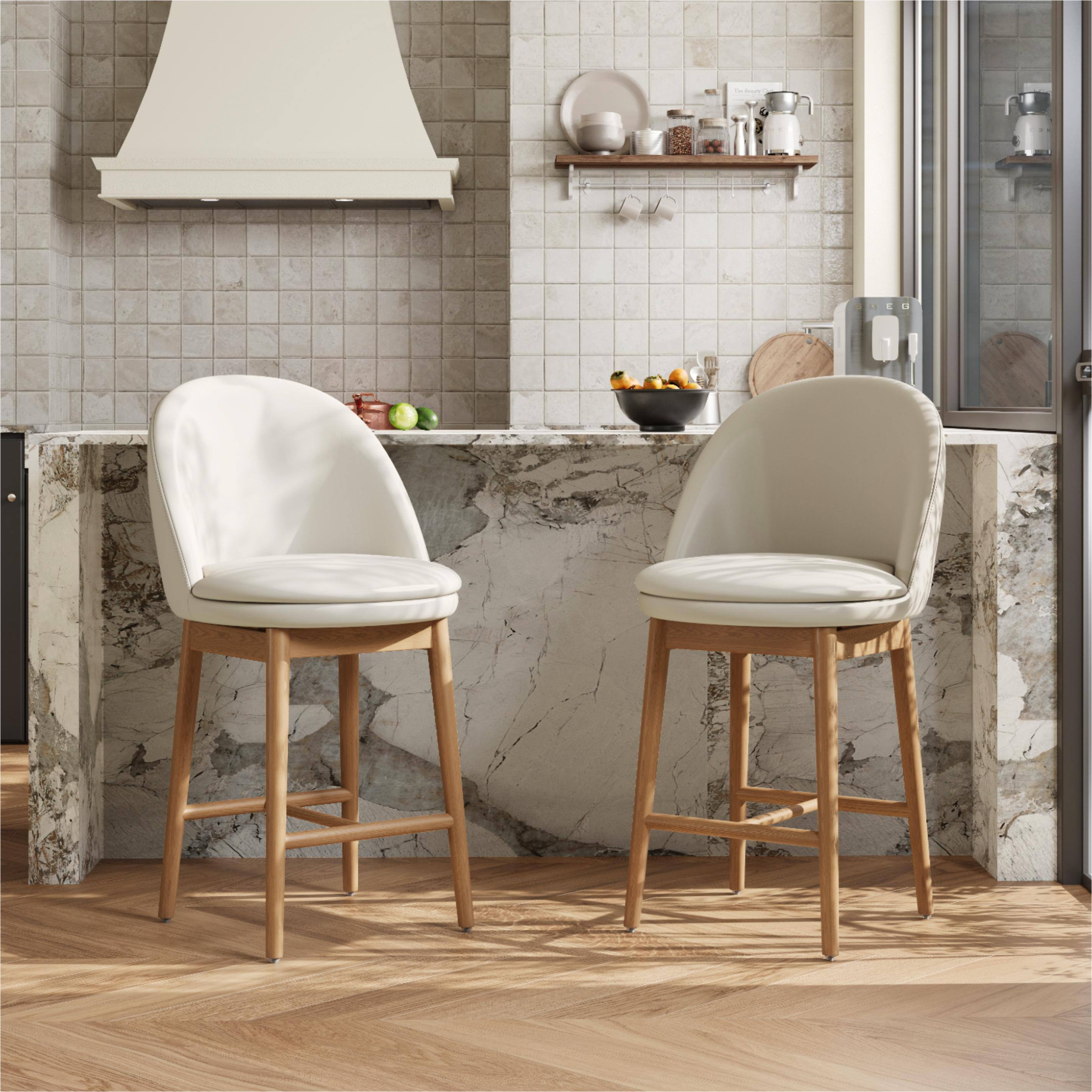 Back. POVISON - 26" Mid-Century Modern Wood Counter Height Bar Stool, Beige & Walnut Cotton Linen Bar Stool, Fully Assembled - Beige & Light Walnut Cotton Linen.