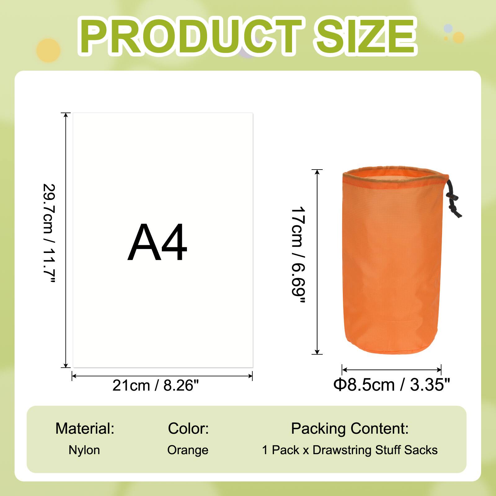 PRODUCT SIZE

29.7cm / 11.7" (A4)
17cm / 6.69"
21cm / 8.26"
8.5cm / 3.35"

Material: Nylon
Color: Orange
Packing Content: 1 Pack x Drawstring Stuff Sacks
