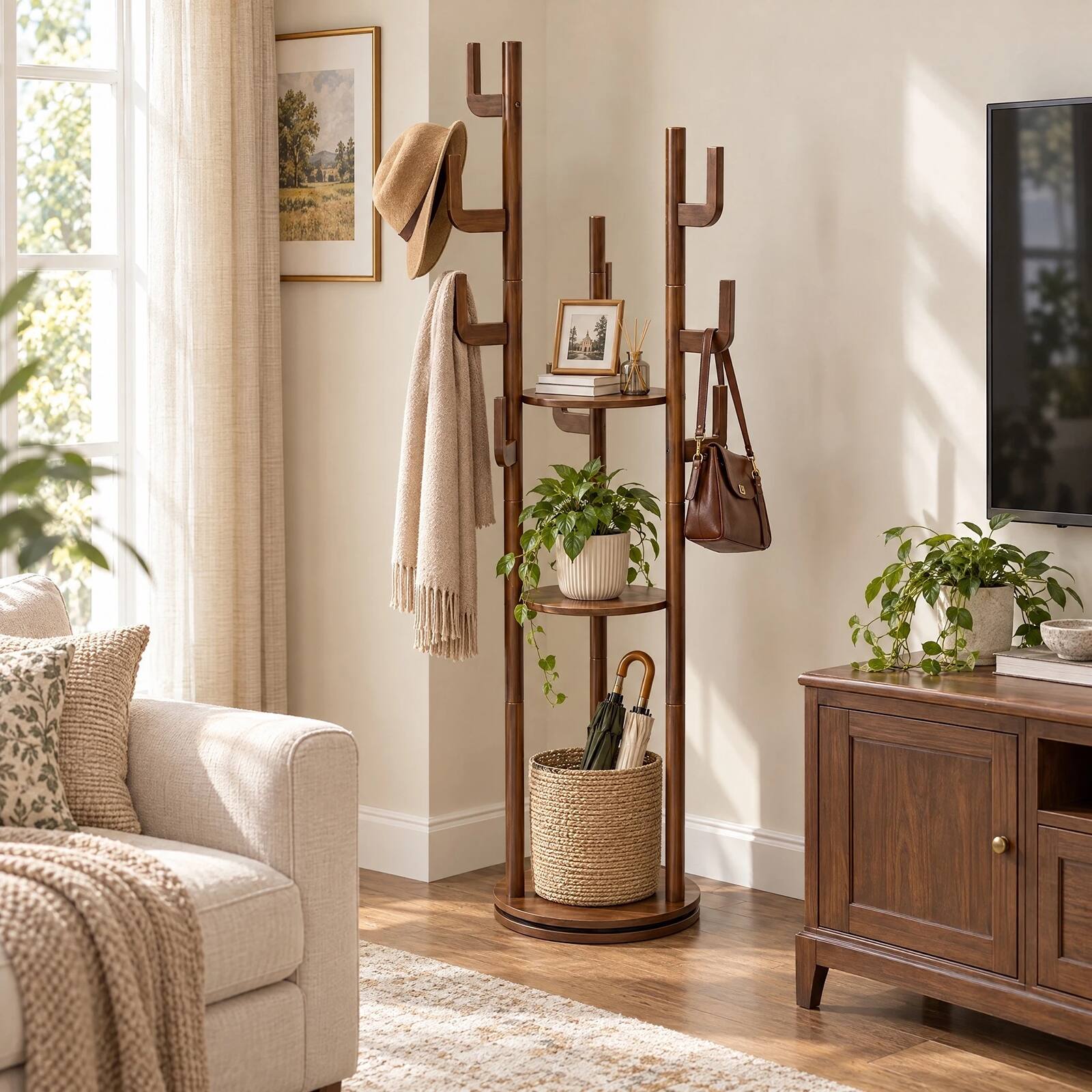 Angle. MERAVOM - Coat Rack Freestanding, Solid Wood Rotary Coat Rack with 3 Storage Shelves & 9 Hooks, Coat Tree for Bedroom, Living room - Walnut.