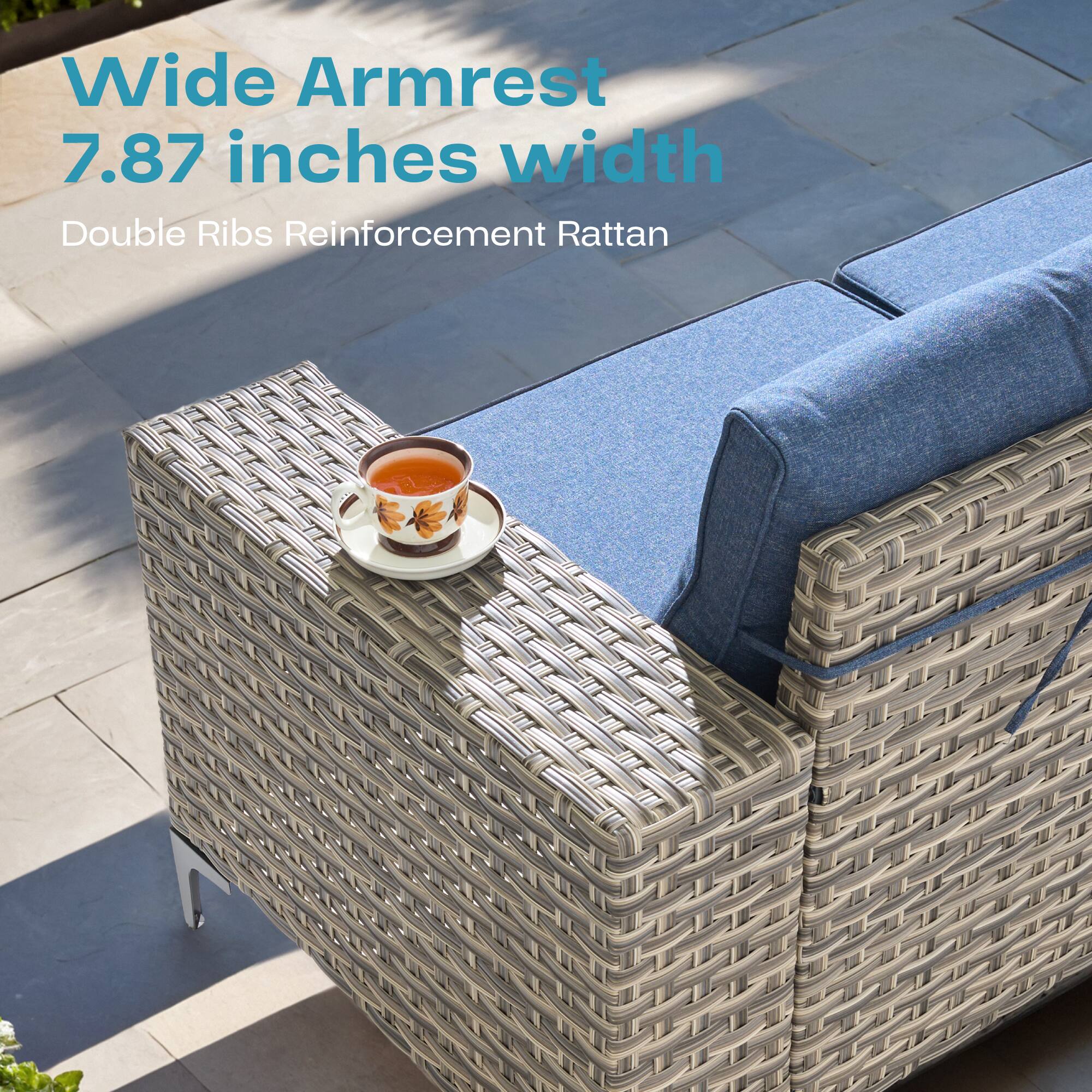 Wide Armrest  
7.87 inches width  
Double Ribs Reinforcement Rattan