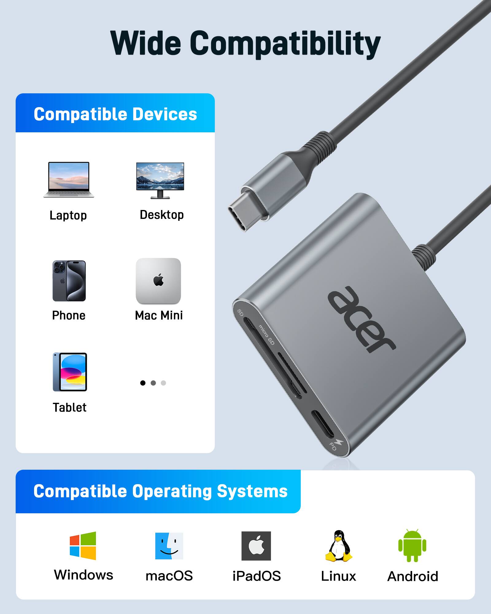 Wide Compatibility

Compatible Devices
- Laptop
- Desktop
- Phone
- Mac Mini
- Tablet
- SD
- micro SD
- acer
- PD

Compatible Operating Systems
- Windows
- macOS
- iPadOS
- Linux
- Android