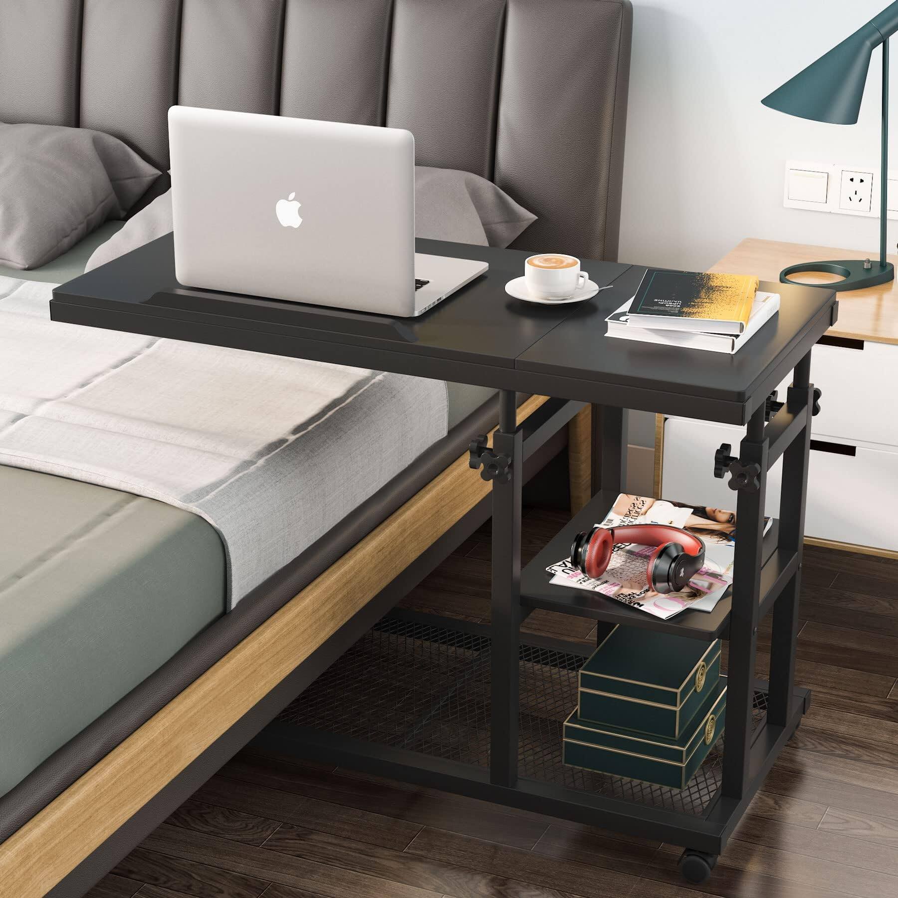Left. Tribesigns - Height-Adjustable C-Shaped Mobile Laptop Desk with Wheels and Tilting Top for Sofa or Bedside - Black.