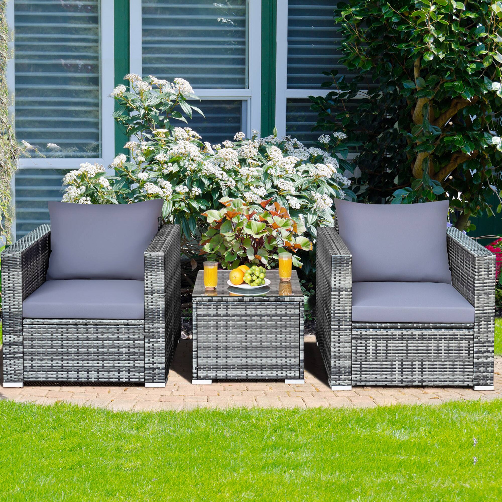 Alt View 3. Gymax - Gymax 3PCS Rattan Patio Conversation Set Outdoor Furniture Set w/ Table Cushion - Grey.