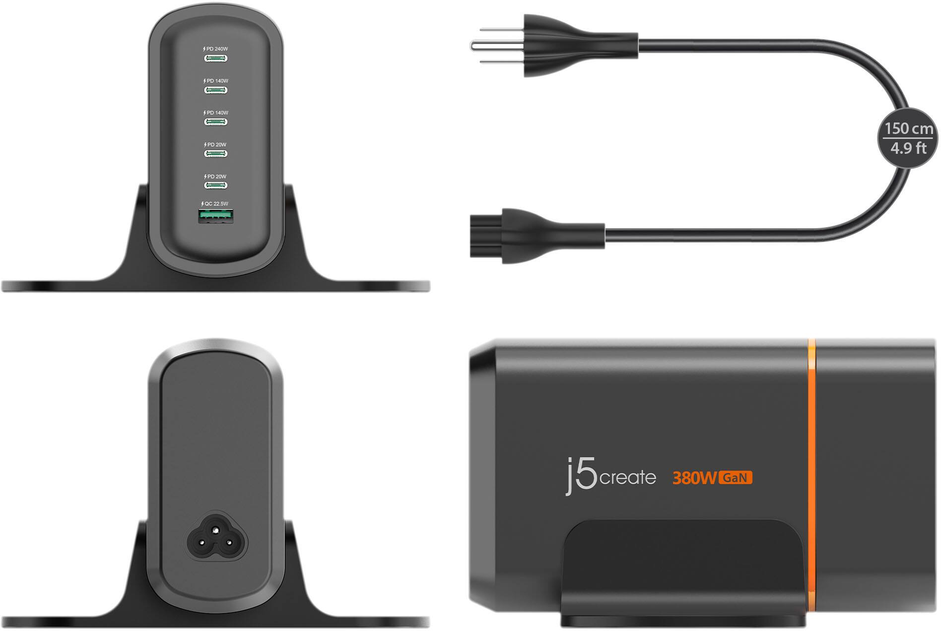 PD 240W  
PD 140W  
PD 140W  
PD 20W  
PD 20W  
QC 22.5W  

150 cm  
4.9 ft  

j5create  
380W GaN