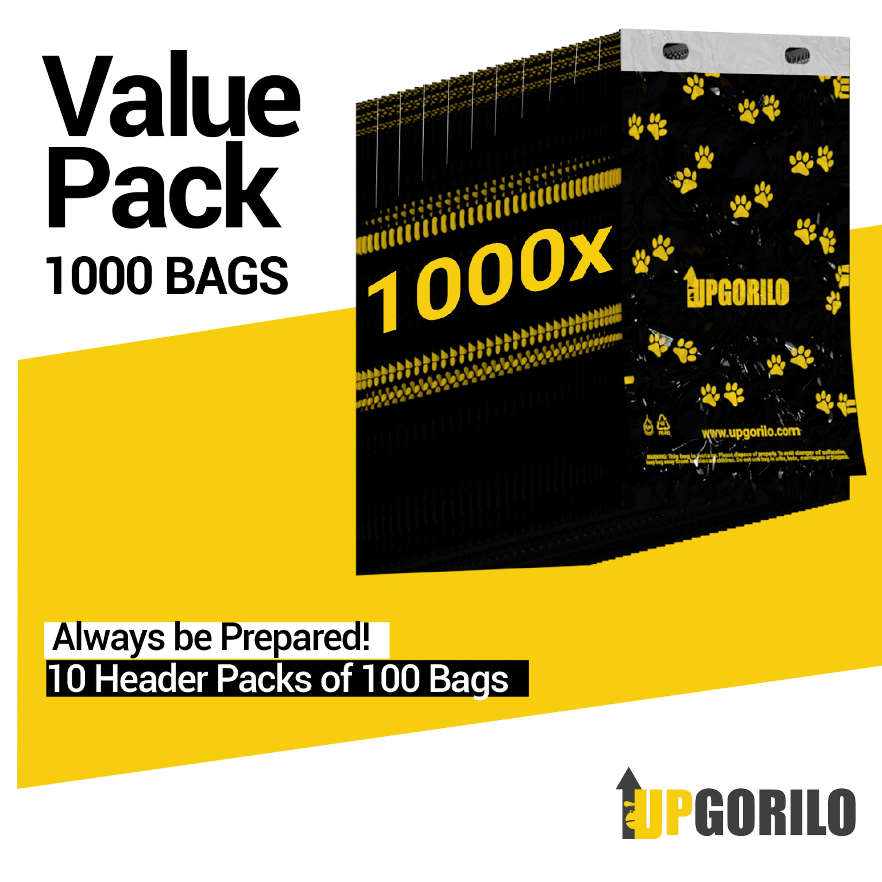 Value Pack 1000 BAGS  
1000x  
www.upgorilo.com  

Always be Prepared!  
10 Header Packs of 100 Bags  

UPGORILO