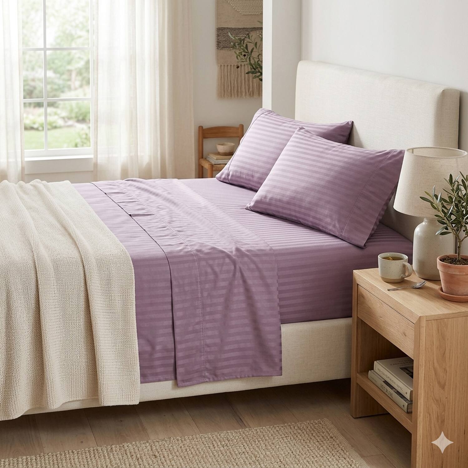 Angle. Plazatex - Plazatex 1800 Embossed  Stripe Premium All Season Bed Sheet Set Queen Plum - Plum.