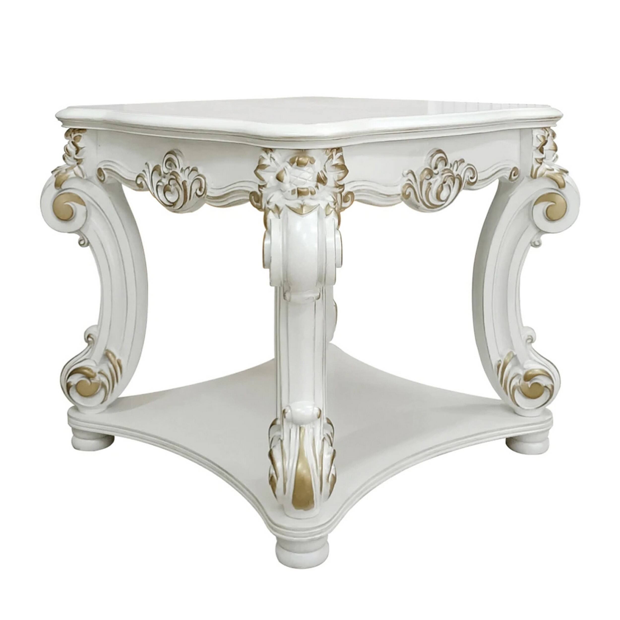 Alt View 1. Manhattan Lane - Jess 31 Inch Side End Table, Classic Scrolled Legs - White, Gold.