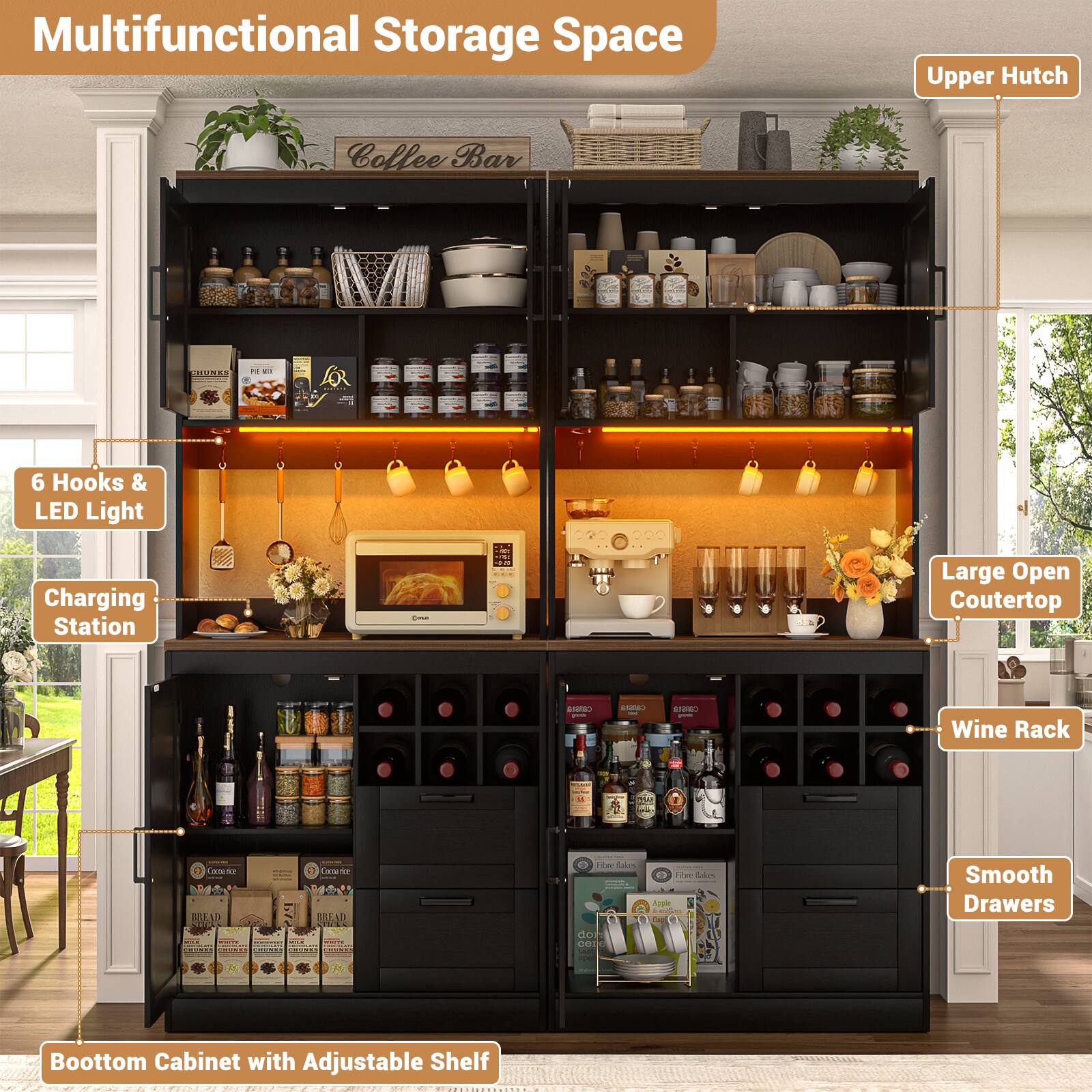 Multifunctional Storage Space Upper Hutch Coffee Bar - 6 Hooks & LED Light Charging Station - Large Open Countertop - 1 Wine Rack - 2 Smooth Drawers Bottom Cabinet with Adjustable Shelf