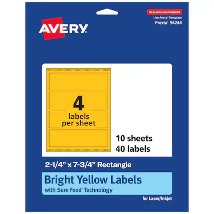 Go to avery.com/templates
AVERY
Use Avery Template Presta* 94244
4 labels per sheet
10 sheets 40 labels
2-1/4" x 7-3/4" Rectangle
Bright Yellow Labels with Sure Feed Technology for Laser/Inkjet
