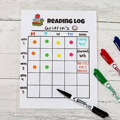 **Reading Log**

**Griffin's**

| M | T | W | TH | BOOK |
|---|---|---|----|------|
| WEEK 1 | | | | Giving Tree |
| WEEK 2 | | | | Charlotte's Web |
| WEEK 3 | | | | Giraffes Can't Dance |
| WEEK 4 | | | | |
| WEEK 5 | | | | |

**Notes:**
- MARI MARKS A LOT.