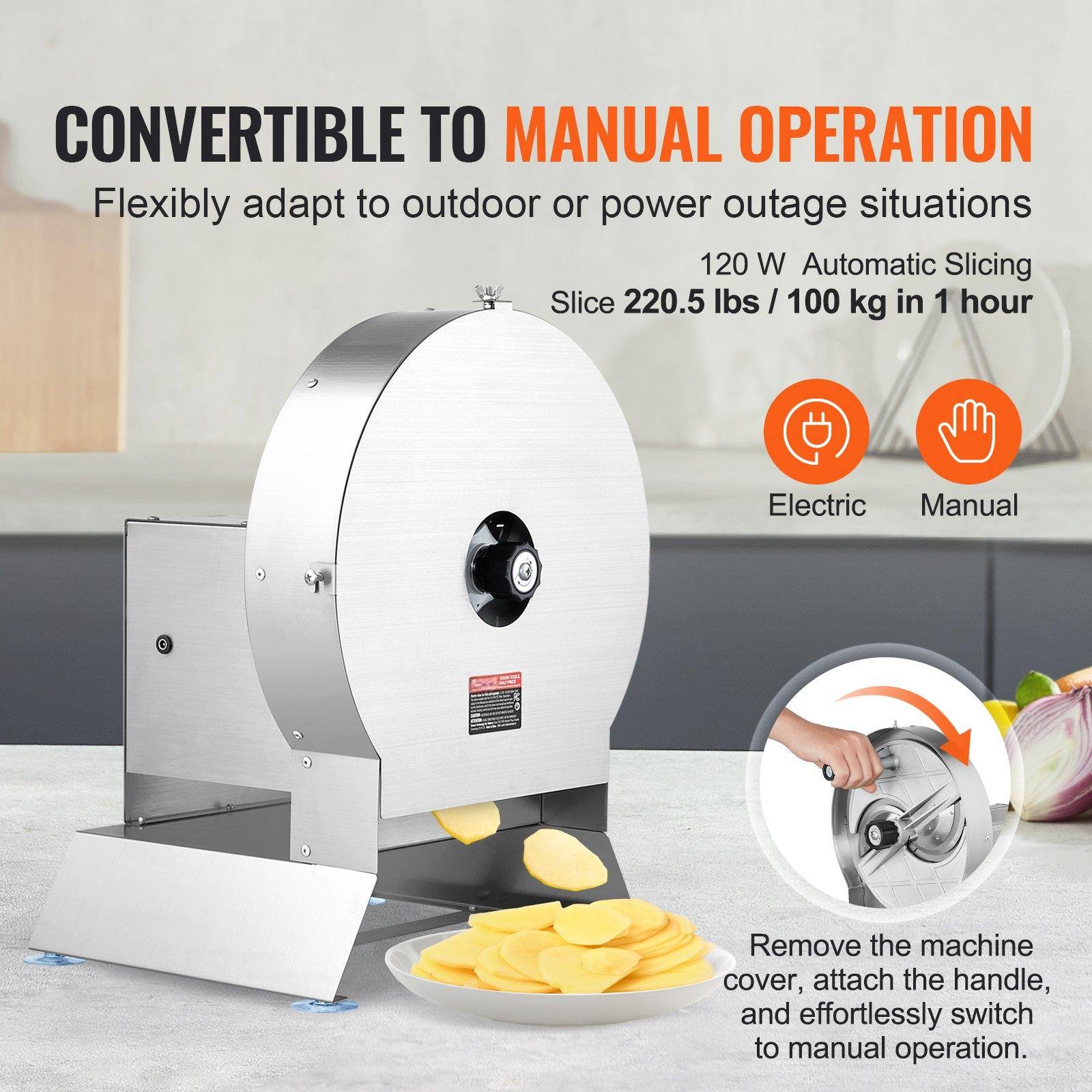CONVERTIBLE TO MANUAL OPERATION  
Flexibly adapt to outdoor or power outage situations  

120 W Automatic Slicing  
Slice 220.5 lbs / 100 kg in 1 hour  

Electric  
Manual  

Remove the machine cover, attach the handle, and effortlessly switch to manual operation.