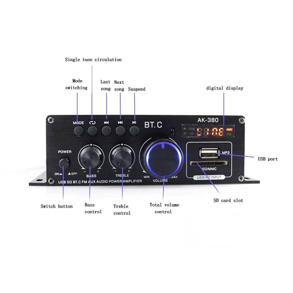 - Single tune circulation
- Mode switching
- Last song
- Next song
- Suspend
- digital display
- USB port
- SD card slot
- Switch button
- Bass control
- Treble control
- Total volume control
- POWER
- ON/OFF
- BASS
- TREBLE
- MAX
- USB SD BT.C FM AUX AUDIO POWER AMPLIFIER
- SD/MMC
- USB/SD INPUT
- AK-380