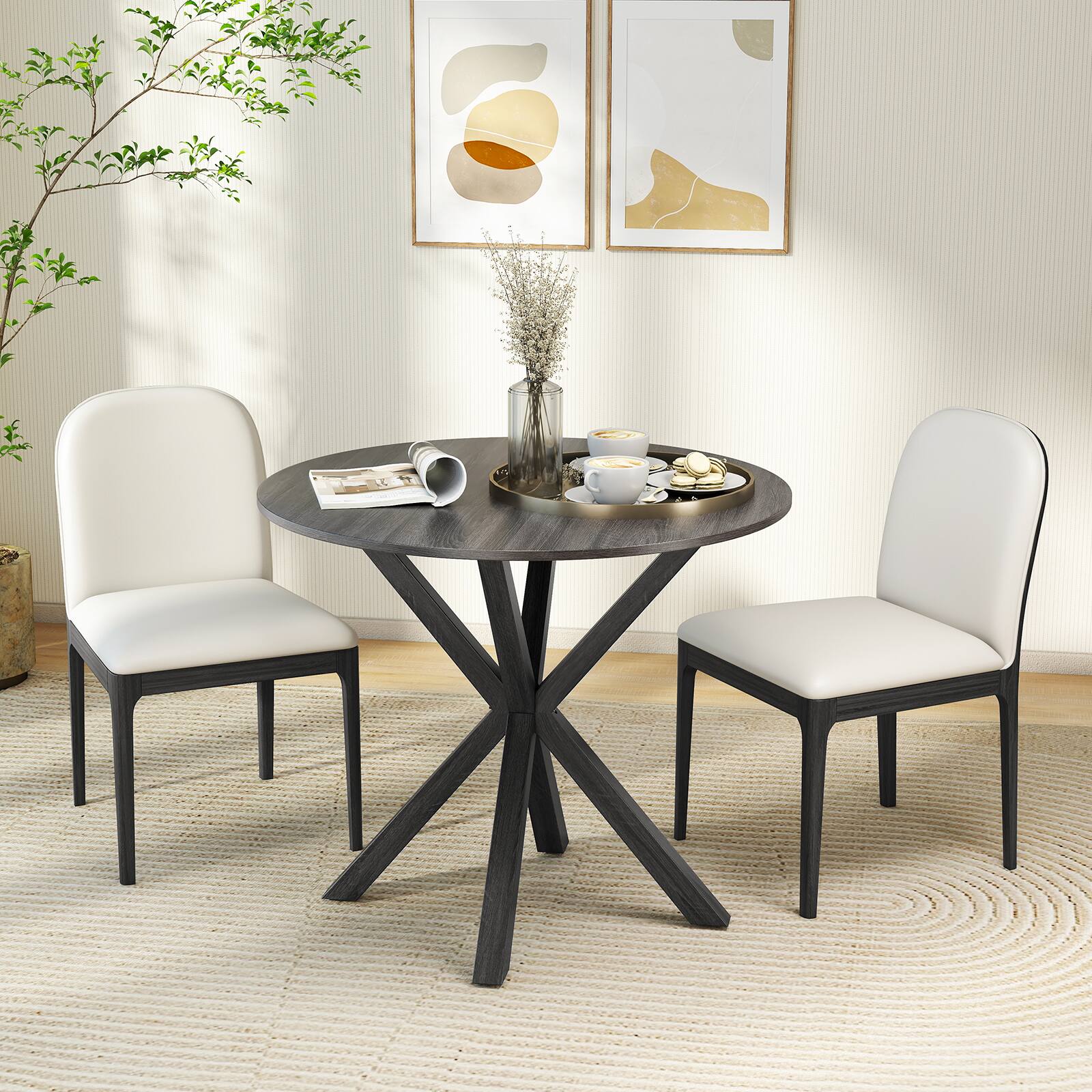 Alt View 3. Gymax - Gymax 36'' Round Farmhouse Dining Table for 4 w/Stable Intersecting Pedestal Base Black - Black.