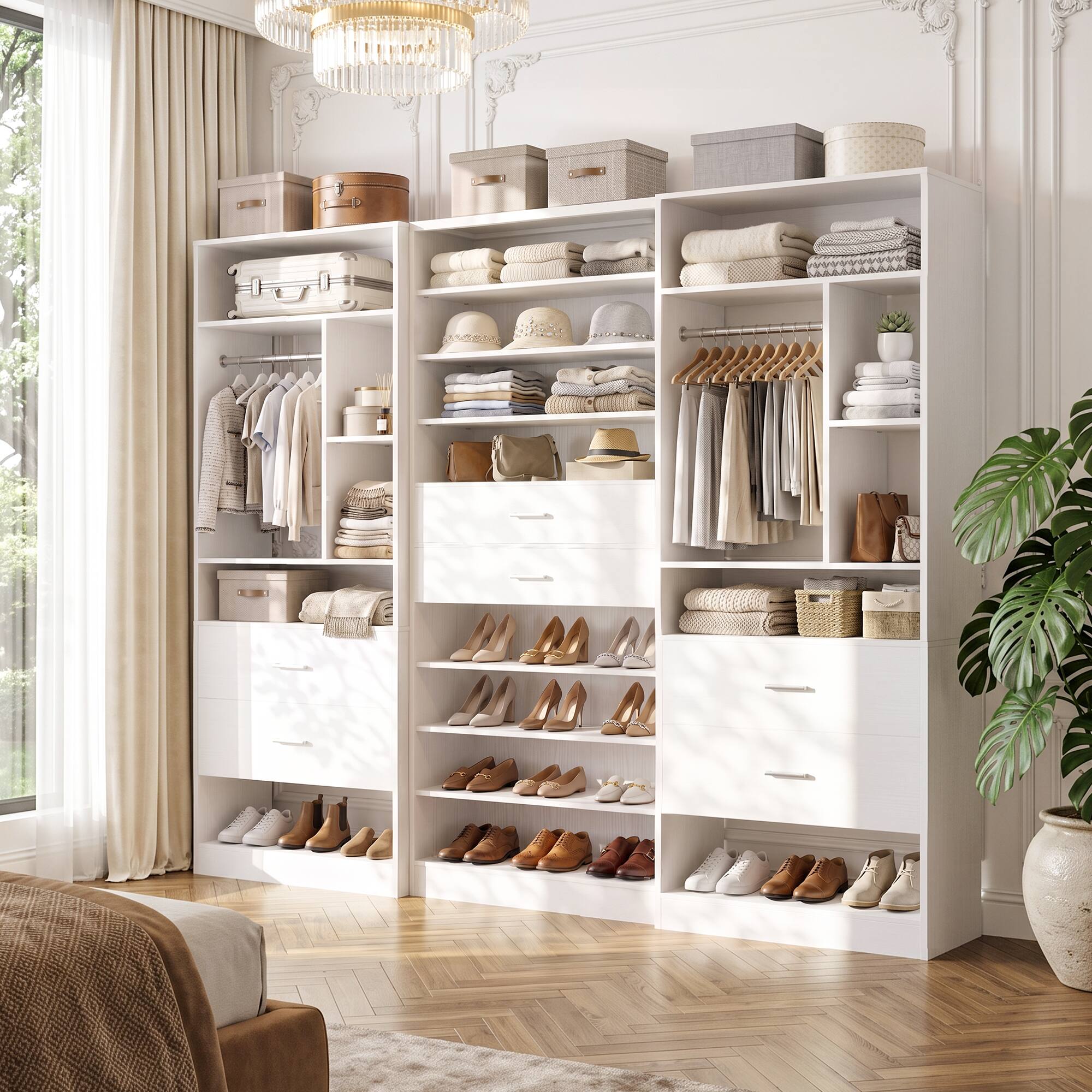 Alt View 2. Aheaplus - 3-Piece Freestanding Bundle: 10-Tier Shoe Rack + 2×24" Closet Systems with Drawers, Hooks & Adjustable Shelves - White.