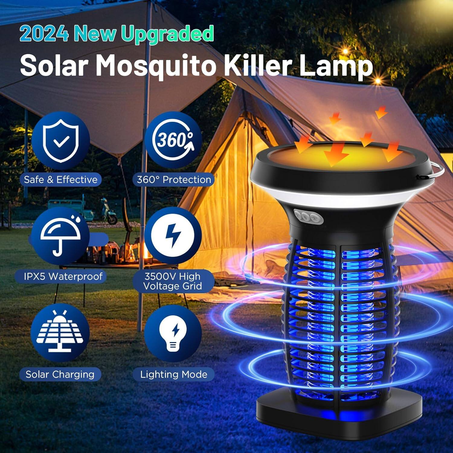 2024 New Upgraded Solar Mosquito Killer Lamp

- Safe & Effective
- 360° Protection
- IPX5 Waterproof
- 3500V High Voltage Grid
- Solar Charging
- Lighting Mode