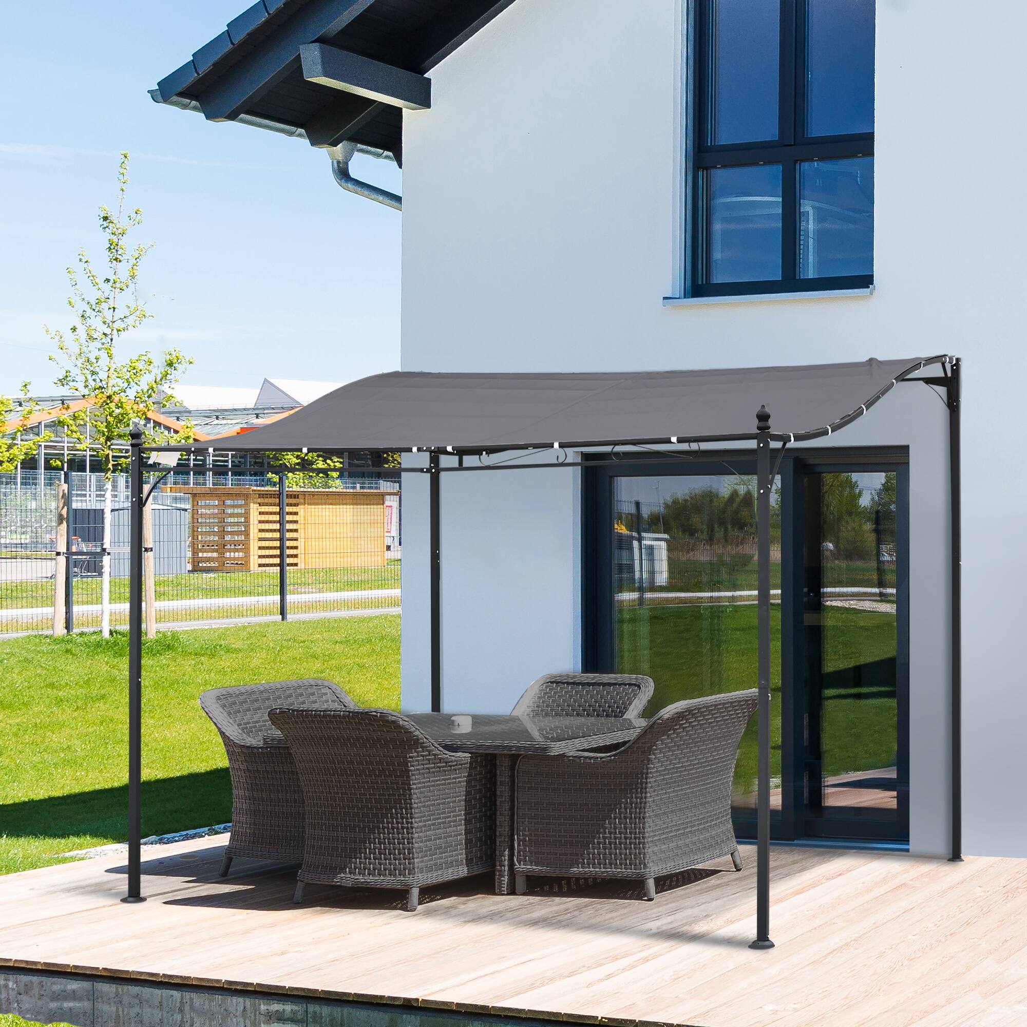 Angle. Outsunny - 10' x 10' Steel Outdoor Pergola Gazebo, Patio Canopy with Weather-Resistant Fabric and Drainage Holes - Grey.