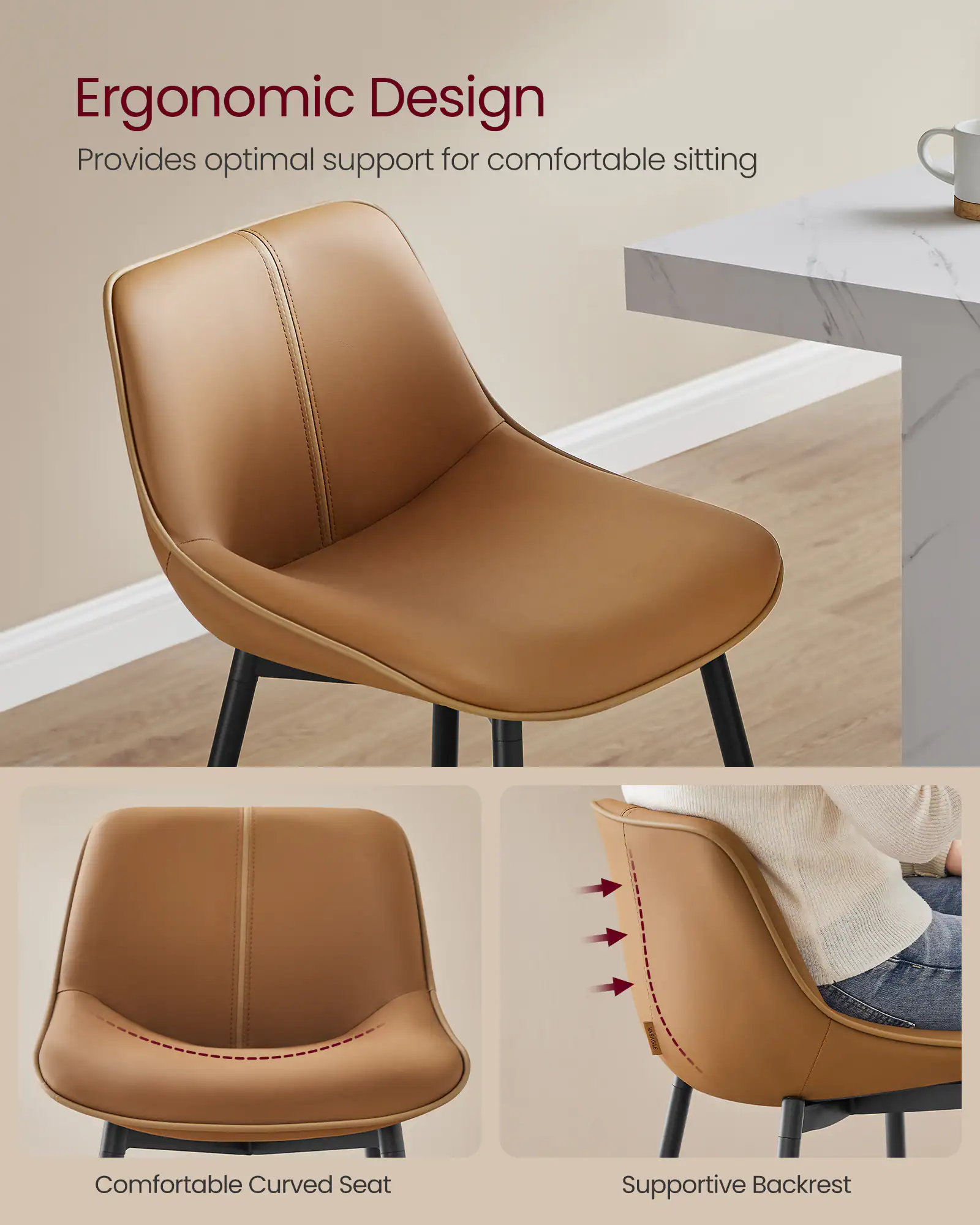 Ergonomic Design  
Provides optimal support for comfortable sitting  

Comfortable Curved Seat  
Supportive Backrest