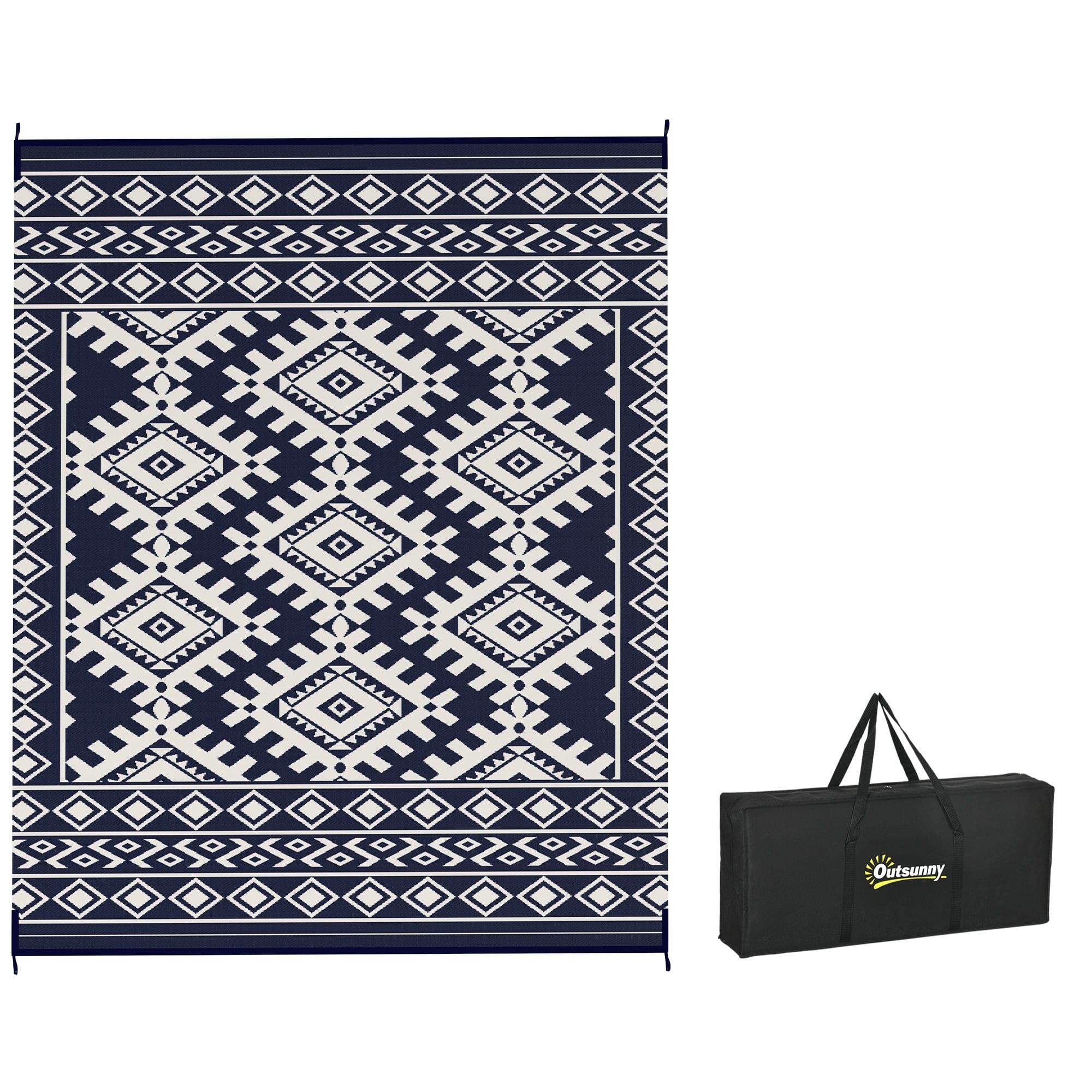Outsunny - Outdoor Rug for Patio, 8' x 10' Waterproof Large Mat, Reversible Plastic Straw Rug for Décor - Blue and White Rhombus Border