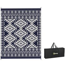 Outsunny - Outdoor Rug for Patio, 8' x 10' Waterproof Large Mat, Reversible Plastic Straw Rug for Décor - Blue and White Rhombus Border