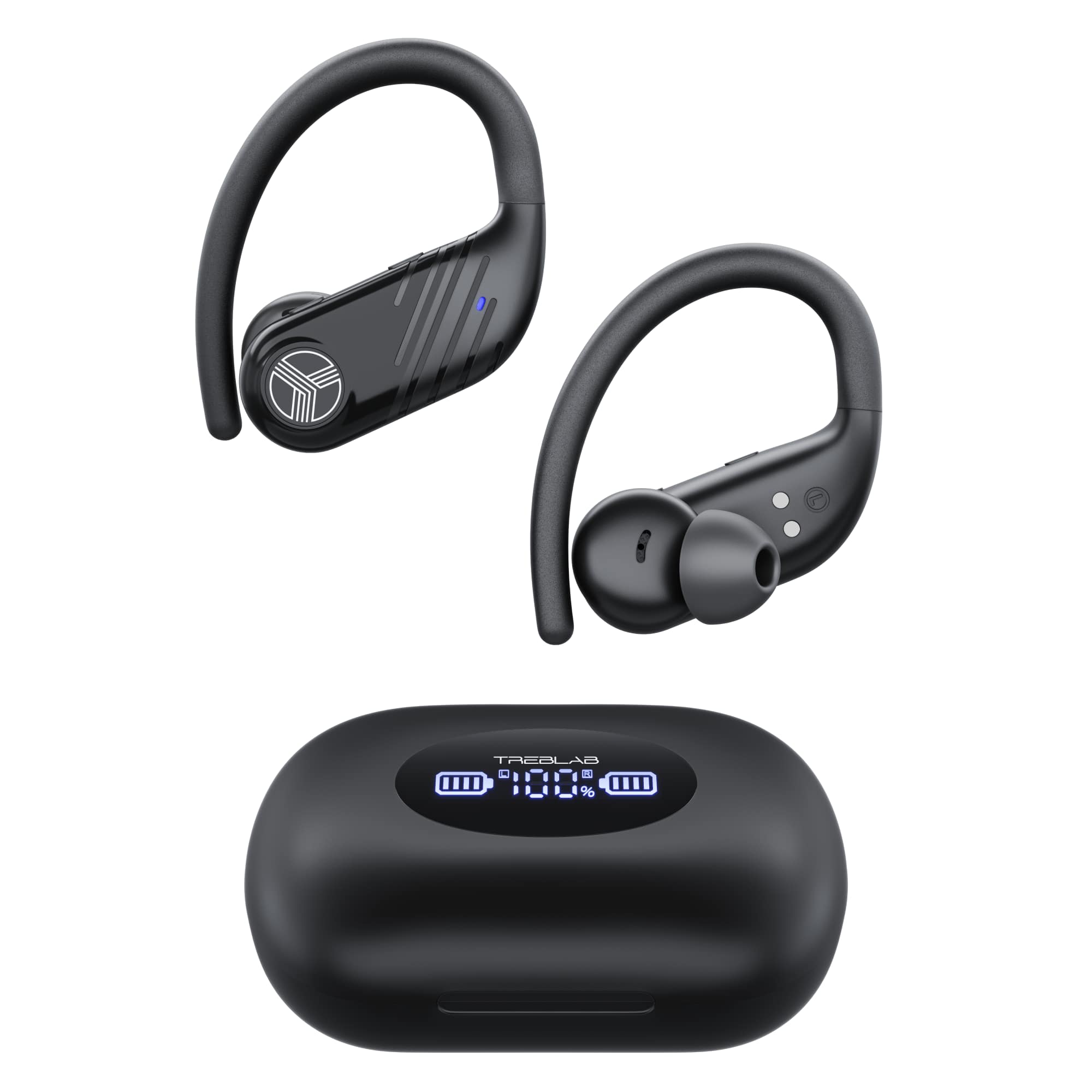 TREBLAB - X3 Pro - Ultra Comfortable Earhooks, Pure-HD Sound, Punchy Bass, 145H Battery, Waterproof & Sweatproof Bluetooth Earbuds - Black with white logo