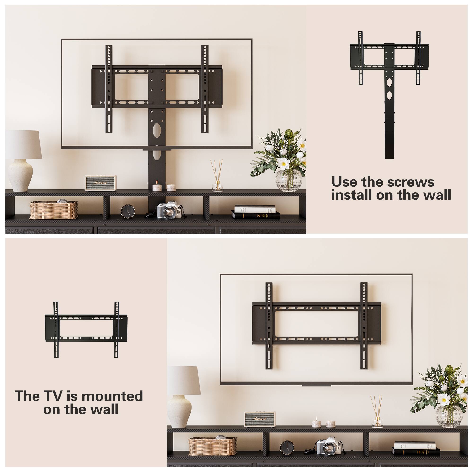Use the screws to install on the wall.  
The TV is mounted on the wall.