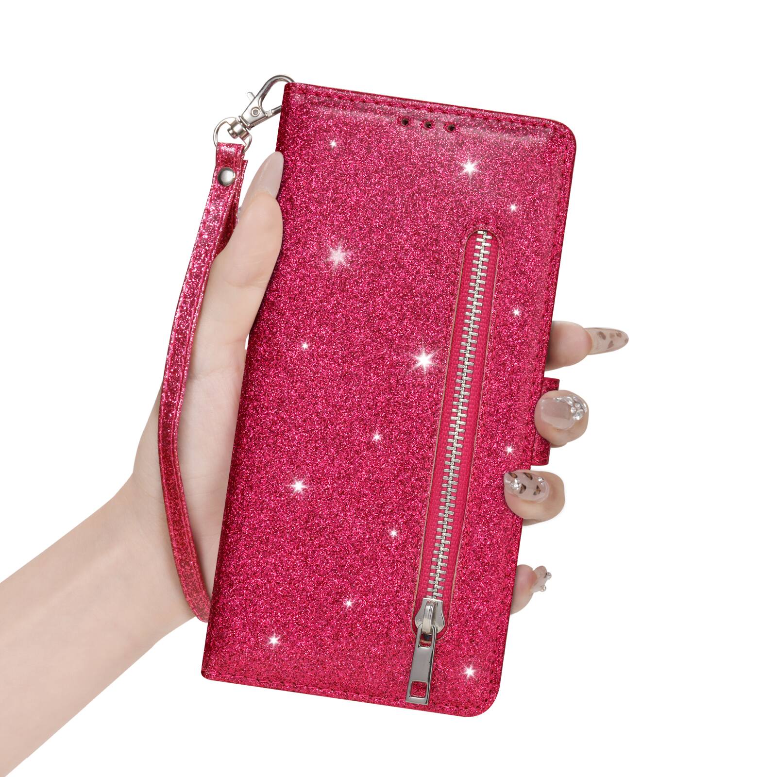 Angle. Dteck - Glitter Zipper Wallet Case for Samsung Galaxy S26 Ultra with Card Holder & Wrist Strap,Shockproof Protective Phone Cover - Rose.