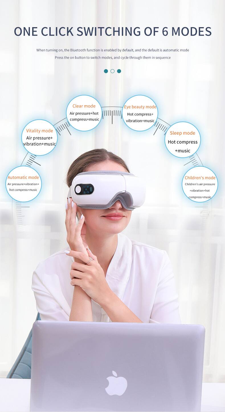 ONE CLICK SWITCHING OF 6 MODES

When turning on, the Bluetooth function is enabled by default, and the default is automatic mode. Press the on button to switch modes, and cycle through them in sequence.

- Clear mode: Air pressure + hot compress + music
- Eye beauty mode: Hot compress + vibration + music
- Vitality mode: Air pressure + vibration + music
- Sleep mode: Hot compress + music
- Automatic mode: Air pressure + vibration + hot compress + music
- Children's mode: Children's air pressure + vibration + hot compress + music