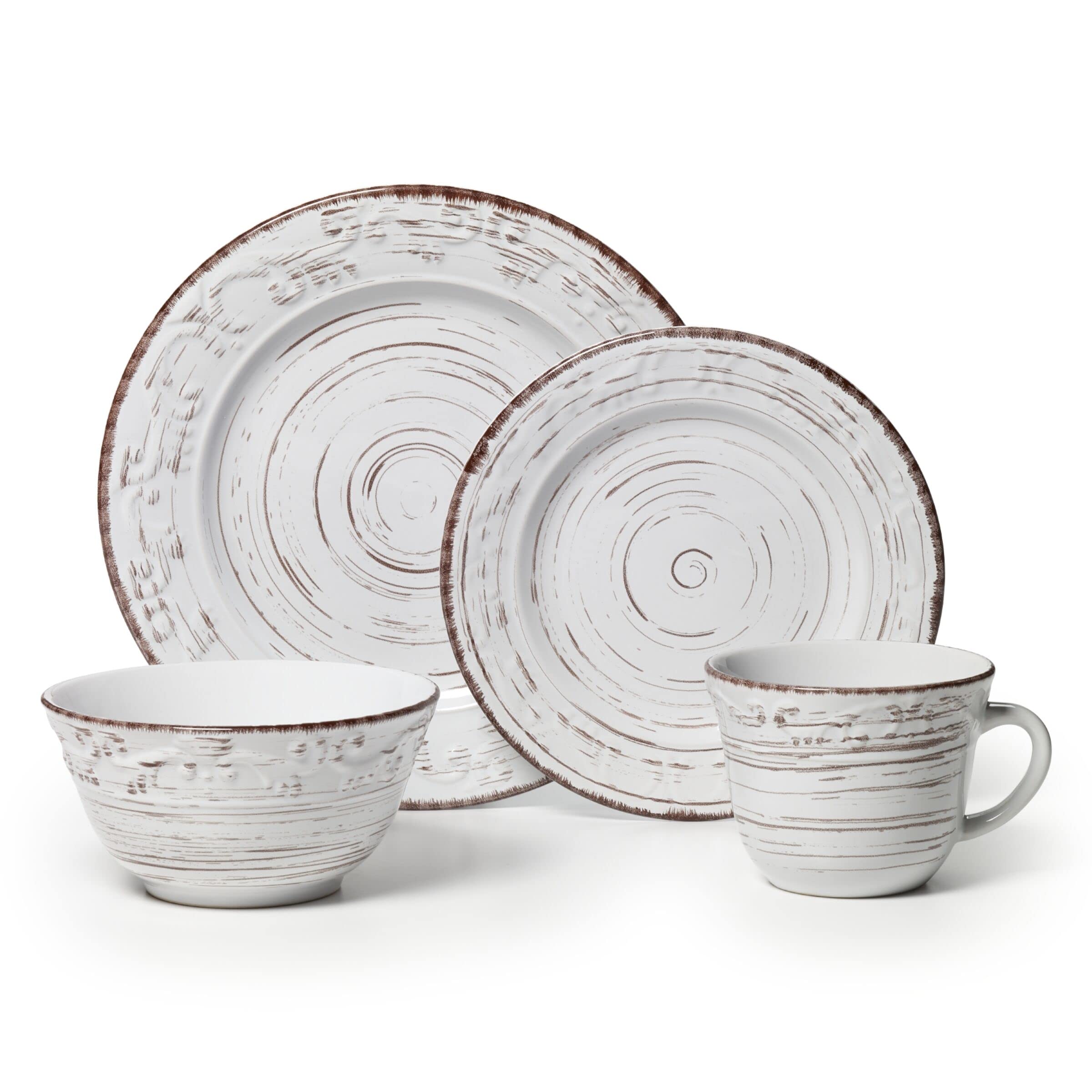 Angle. Dazzed Corner - 16-Piece Stoneware Dinnerware Set, Service for 4, Microwave & Dishwasher Safe Plates and Bowls - White.