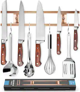 Zulay Kitchen - (12 Inch) Stainless Steel Magnetic Wall Mount Knife Holder with Extra Hanging Hooks - Copper