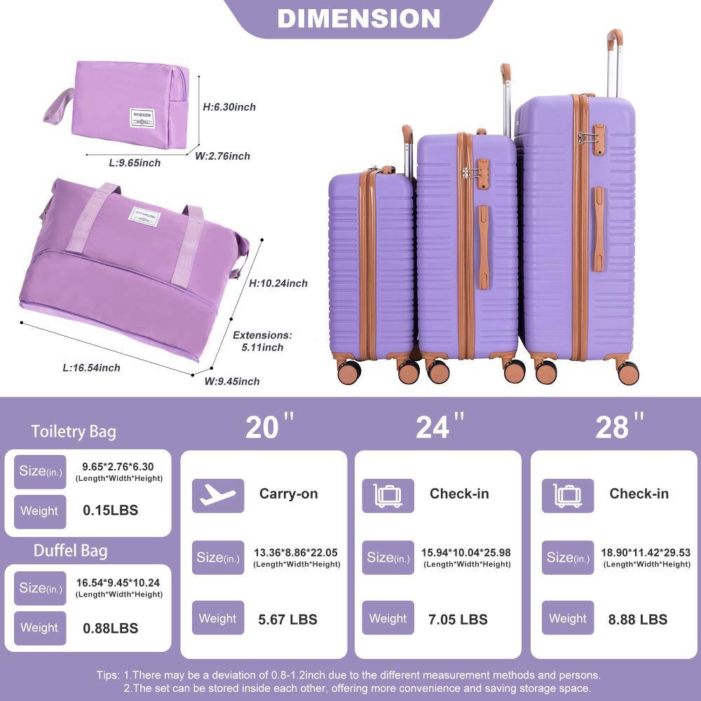 **DIMENSION**

- **Toiletry Bag**
  - Size (in.): 9.65" x 2.76" x 6.30" (Length x Width x Height)
  - Weight: 0.15 LBS

- **Duffel Bag**
  - Size (in.): 16.54" x 9.45" x 10.24" (Length x Width x Height)
  - Weight: 0.88 LBS

- **20" Carry-on**
  - Size (in.): 13.36" x 8.86" x 22.05" (Length x Width x Height)
  - Weight: 5.67 LBS

- **24" Check-in**
  - Size (in.): 15.94" x 10.04" x 25.98" (Length x Width x Height)
  - Weight: 7.05 LBS

- **28" Check-in**
  - Size (in.): 18.90" x 11.42" x