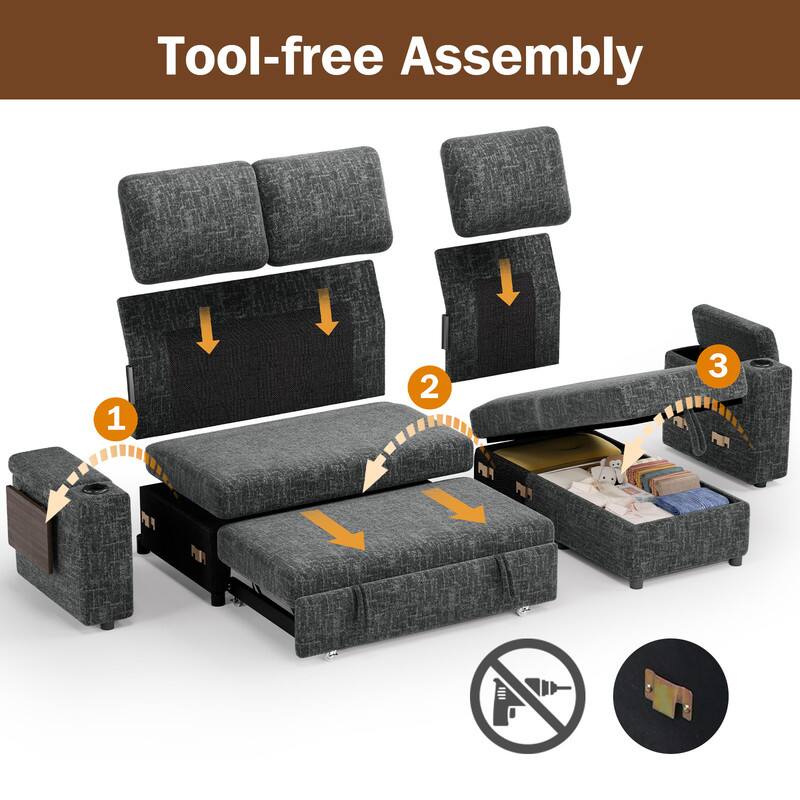 Tool-free Assembly

1. Place the backrests on the sofa frame.
2. Attach the armrests to the sofa frame.
3. Insert the storage box into the sofa base.
