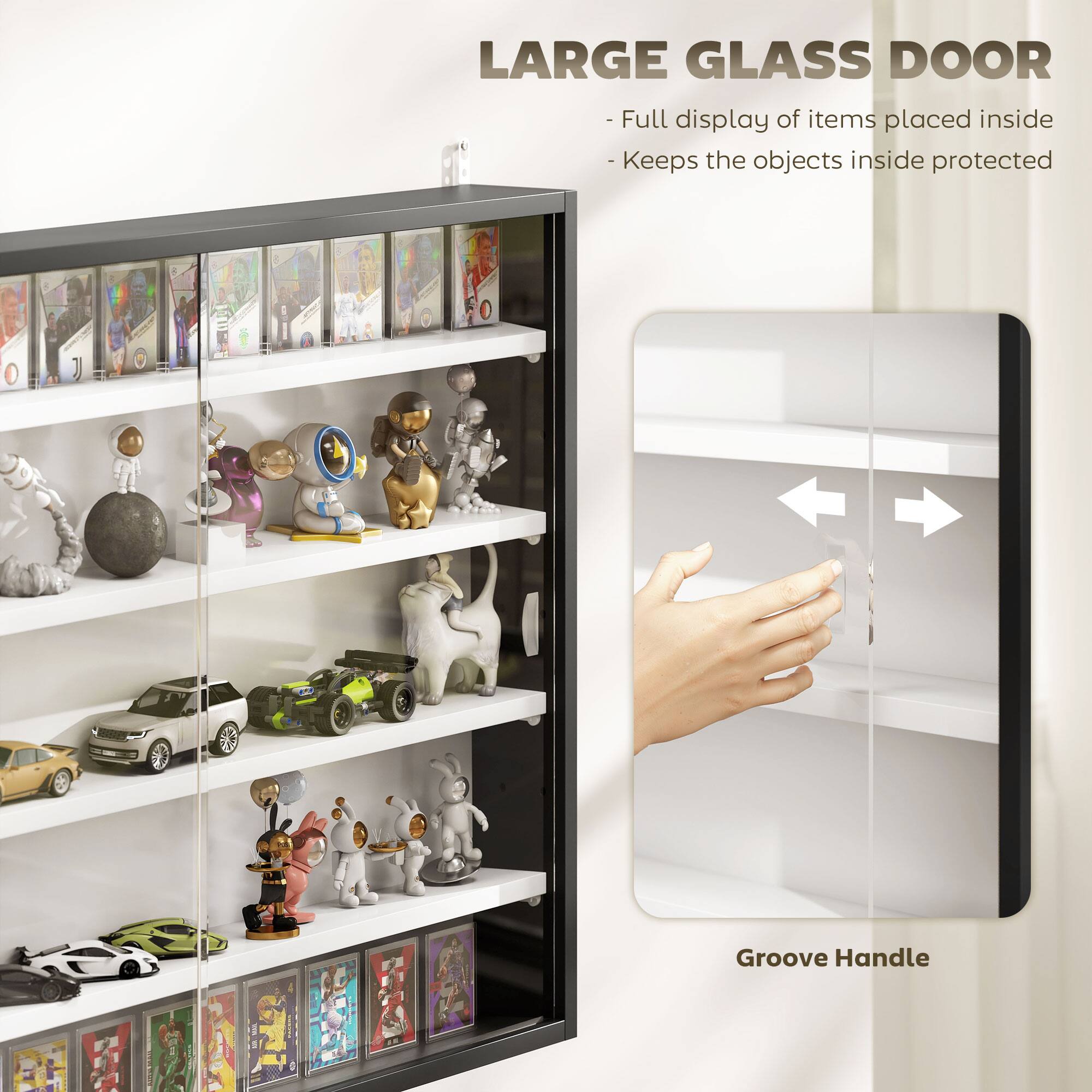 LARGE GLASS DOOR - Full display of items placed inside - Keeps the objects inside protected | Groove Handle