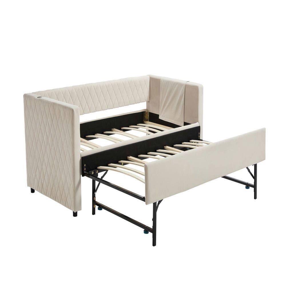 Alt View 4. Kadyn - Velvet Daybed with Sturdy Wood Frame, Modern Diamond Grid Pull-Out Design for Bedroom Living Room - Beige.