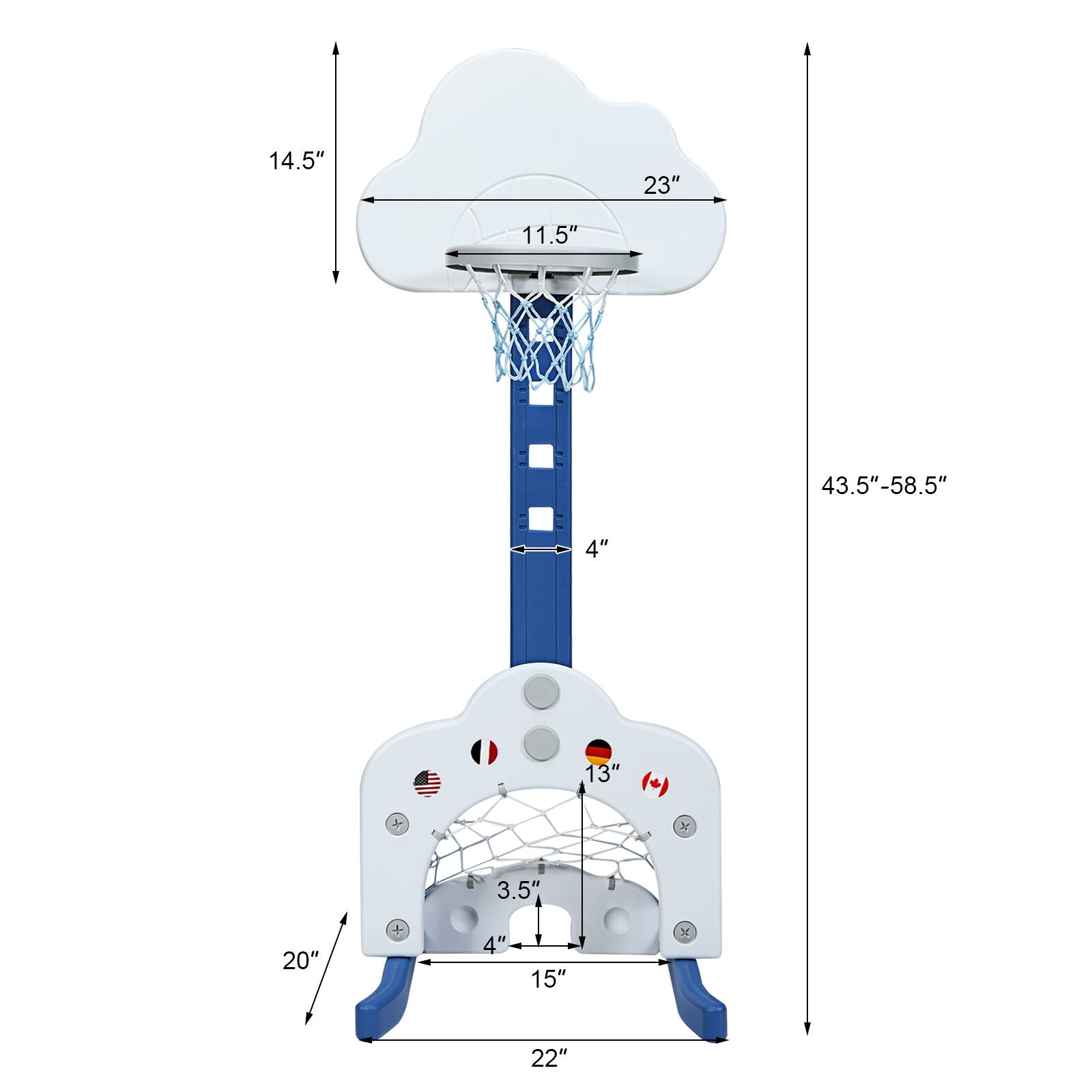 14.5", 23", 11.5", 43.5"-58.5", 4", 13", 3.5", 20", 15", 22"