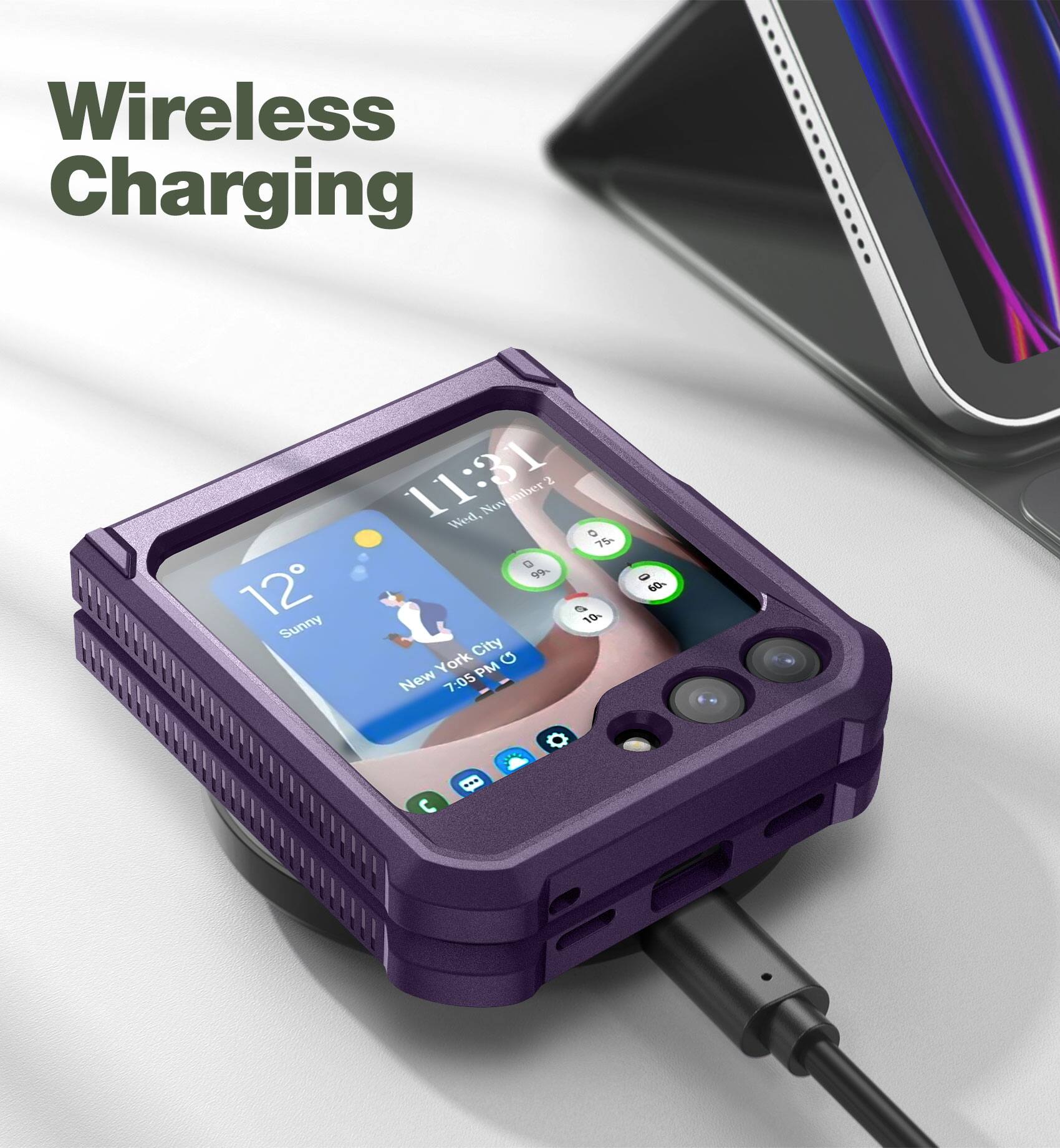 Wireless Charging

11:31  
Wed, November 2  
12° Sunny  
New York City  
7:05 PM  

75%