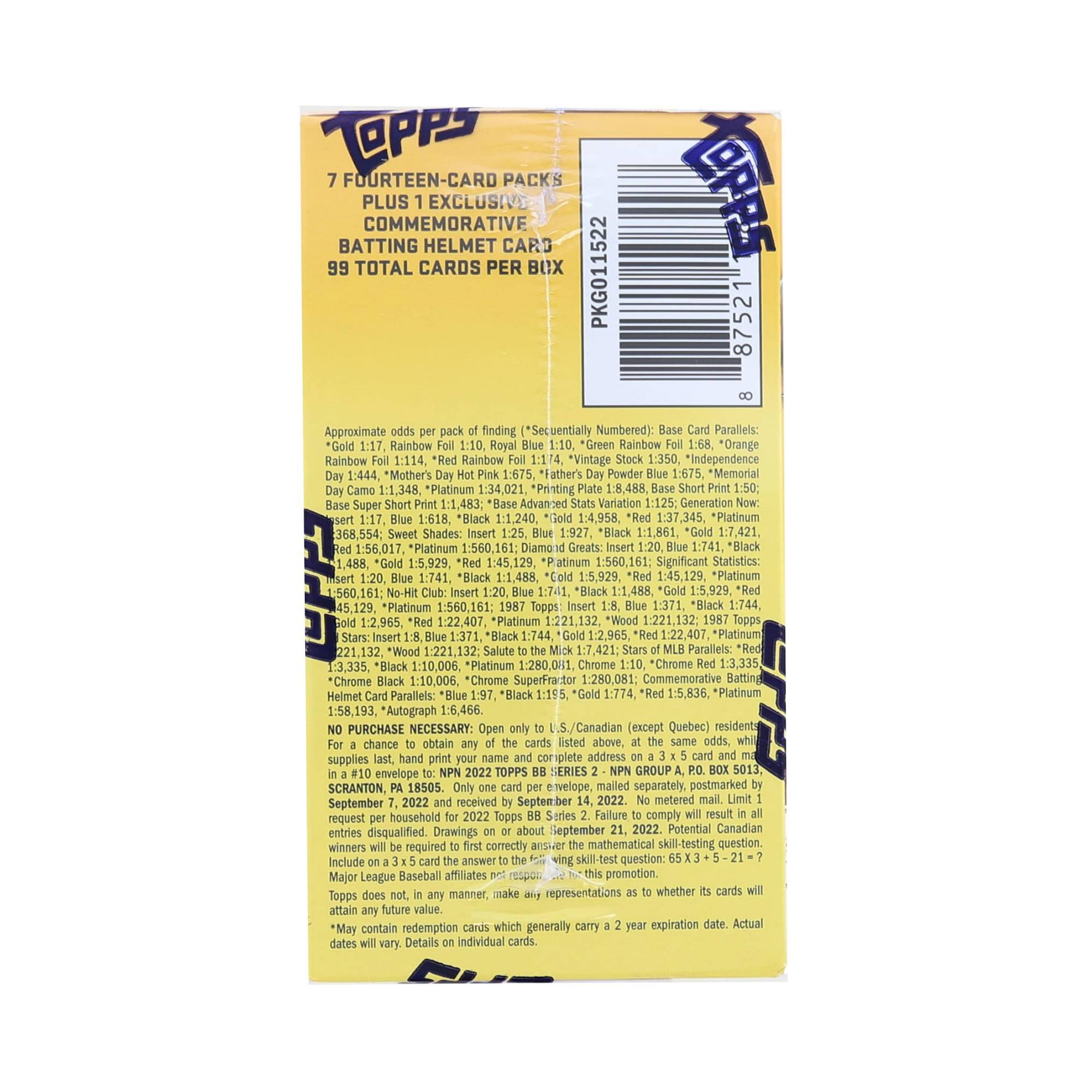 Sure, here is the corrected and grouped text from the image:

---

**Topps**

**7 FOURTEEN-CARD PACKS PLUS 1 EXCLUSIVE COMMEMORATIVE BATTING HELMET CARD**

**98 TOTAL CARDS PER BOX**

**Approximate odds per pack of finding** (*Sequentially Numbered*):  
- Base Card Parallels:  
  - "Gold" 1:117, "Rainbow Full" 1:110, "Royal Blue" 1:144, "Mother's Day Hot Pink" 1:1654, "Mother's Day Hot Pink" 1:1654, "Mother's Day Hot Pink" 1:1654, "Mother's Day Hot Pink" 1:1654, "Mother's Day Hot Pink" 1:1654, "Mother's Day Hot Pink" 1:1654, "Mother's Day Hot Pink" 1:1654, "Mother's Day Hot Pink" 1:1654, "Mother's Day Hot Pink" 1:1654, "Mother's Day Hot Pink" 1