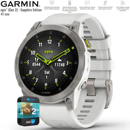 GARMIN
epix™ (Gen 2) - Sapphire Edition
47 mm
Understand your body better with 24/7 health monitoring.
Keep the adventure going with 16 days of battery in gesture smartwatch mode.
Smart notifications keep you connected to what matters.
Train your way with built-in sports apps at the wrist.
More satellite coverage means more accurate positioning.
- 8544
- 11248
- Sat 1
- 4
- 5
- 7
- 8
- 10
- 11
- 12
- 1
- 2
- 3
- 40
- 50
- 60
- LIGHT
- START
- STOP
- LAP
- BACK
- MENU
- UP MENU
- DOWN
GARMIN CPS
2 YR