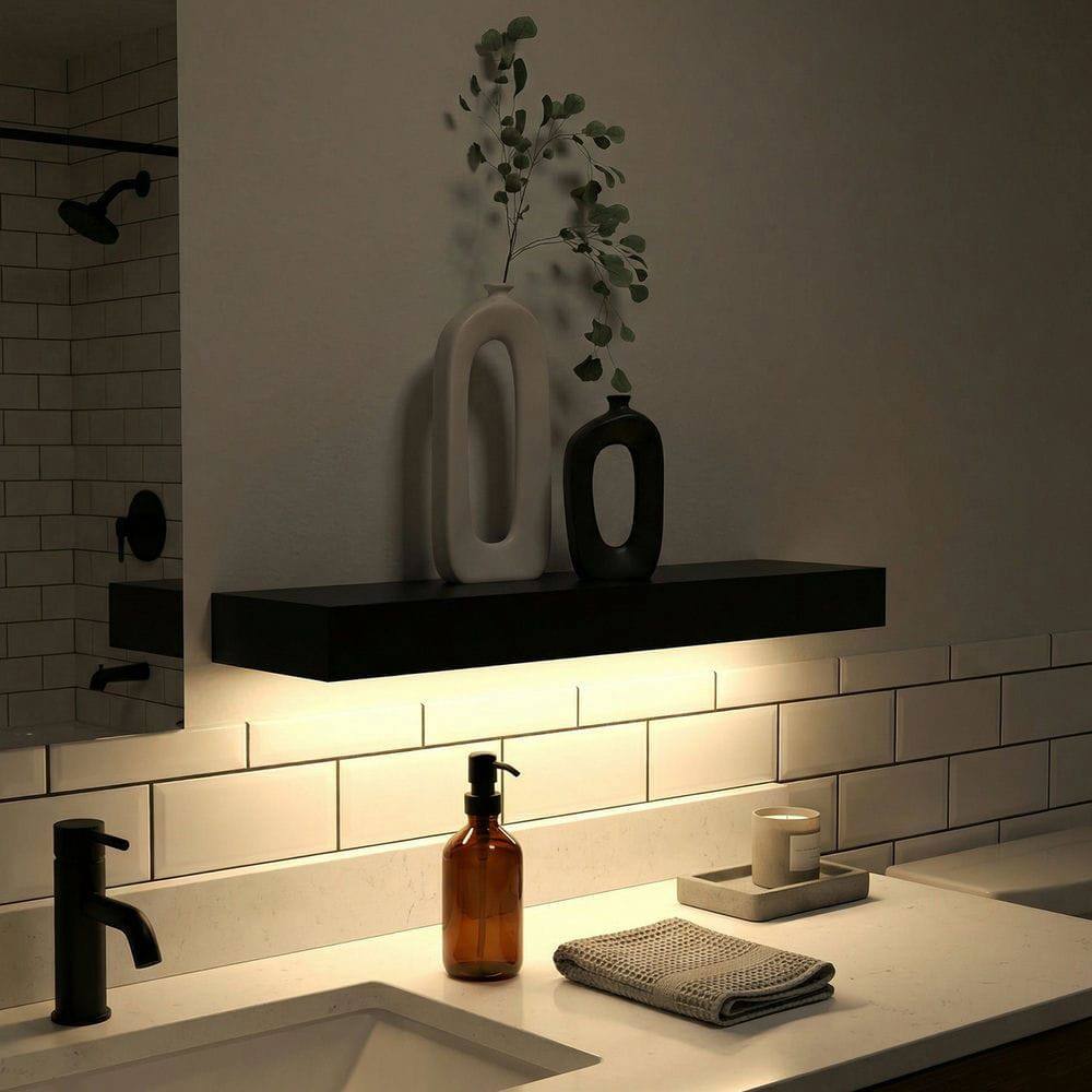 Alt View 4. Kadyn - LED Floating Wall Shelves, Sleek Black Design with Integrated Lighting and Military-Grade Iron Frame for Modern Bedroom - Black.