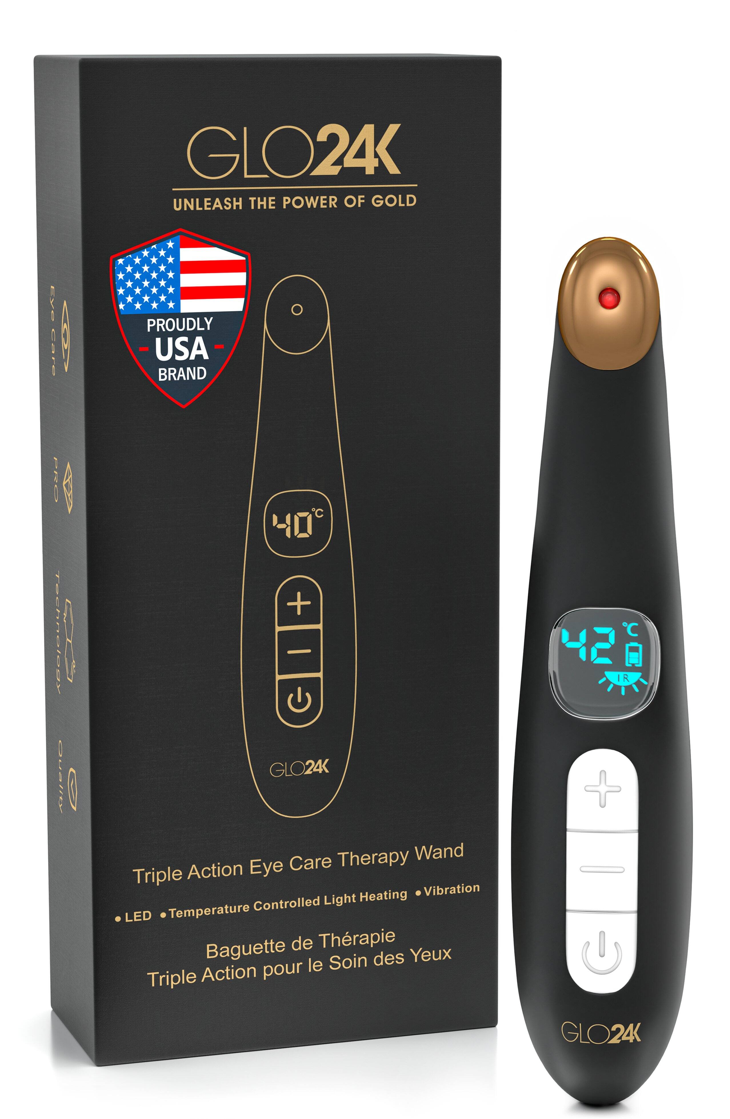 GLO24K  
UNLEASH THE POWER OF GOLD  

Proudly USA Brand  

GLO24K Therapy Wand  
Action Eye Care  
Triple Heating Vibration  
Controlled Light LED Temperature  

Baguette de Thérapie  
Soin des Yeux pour le Triple Action  

- LED  
- Temperature Controlled Light  
- Heating  
- Vibration