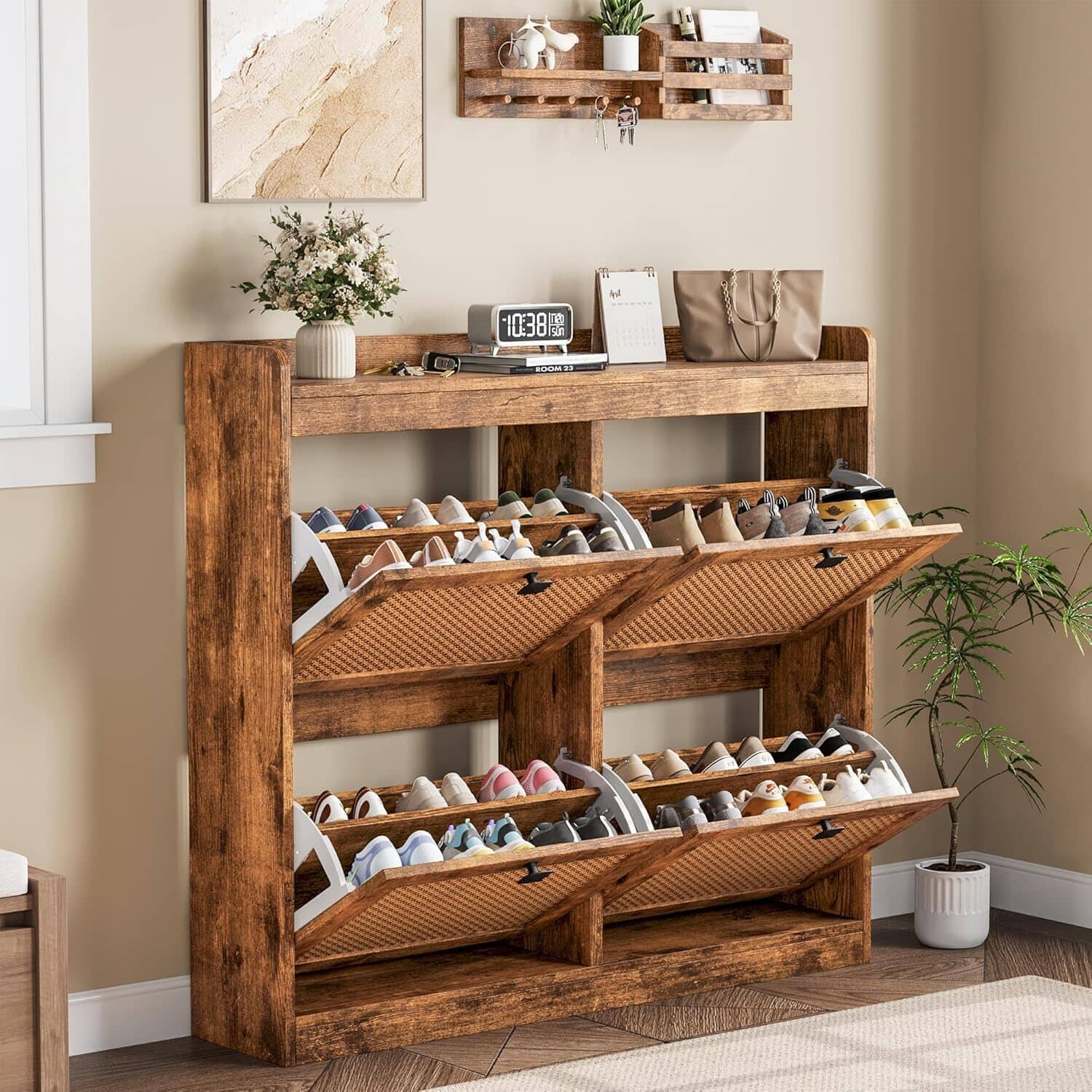 GARVEE - Shoe Storage Cabinet with 4 Flip Drawers, Wood Shoe Cabinet with Rattan Doors and Adjustable Shelves, Brown - Natural