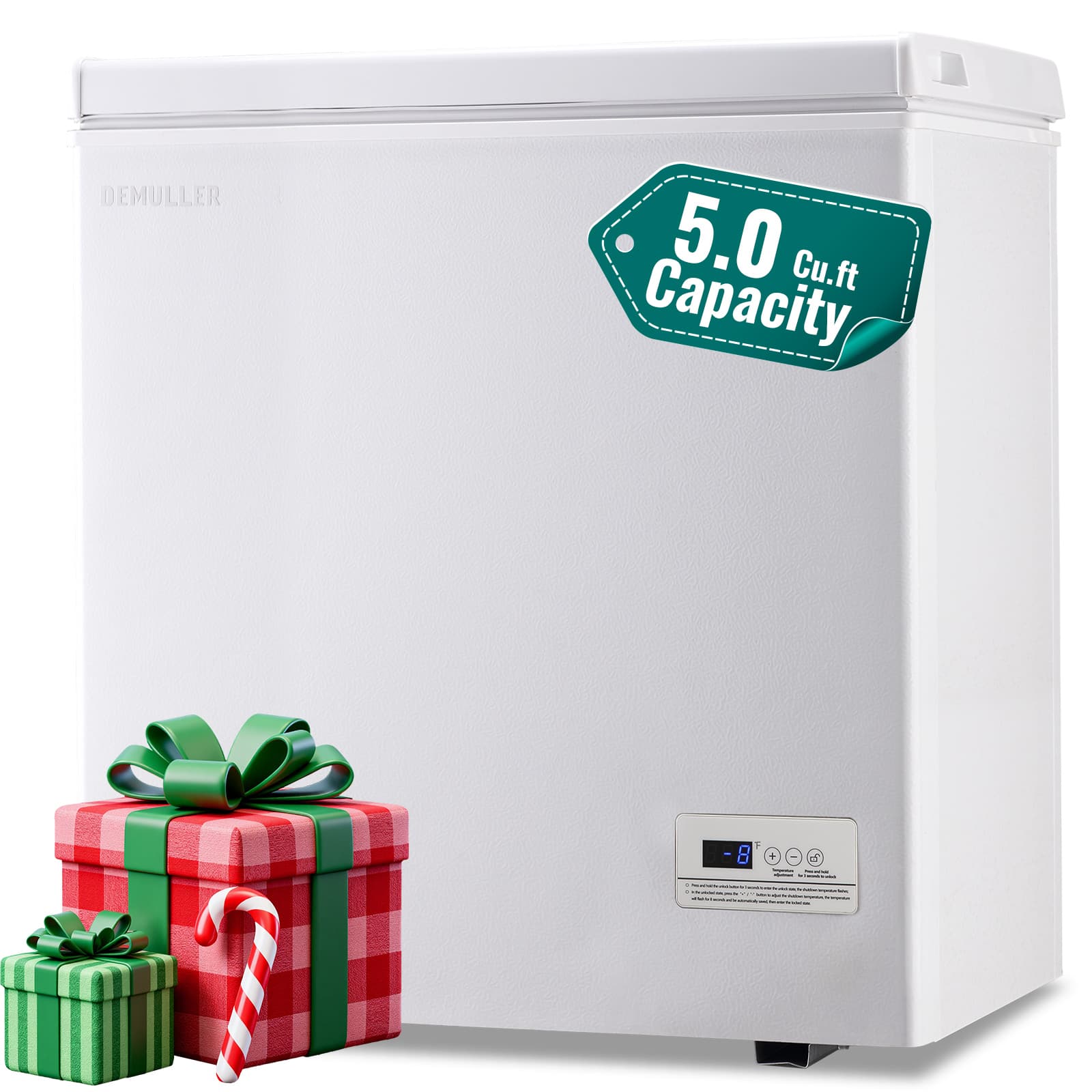 DEMULLER - Chest Freezer 5.0 Cu.Ft with 2 Removable Baskets, Adjustable Wheels with Top Open Door - White