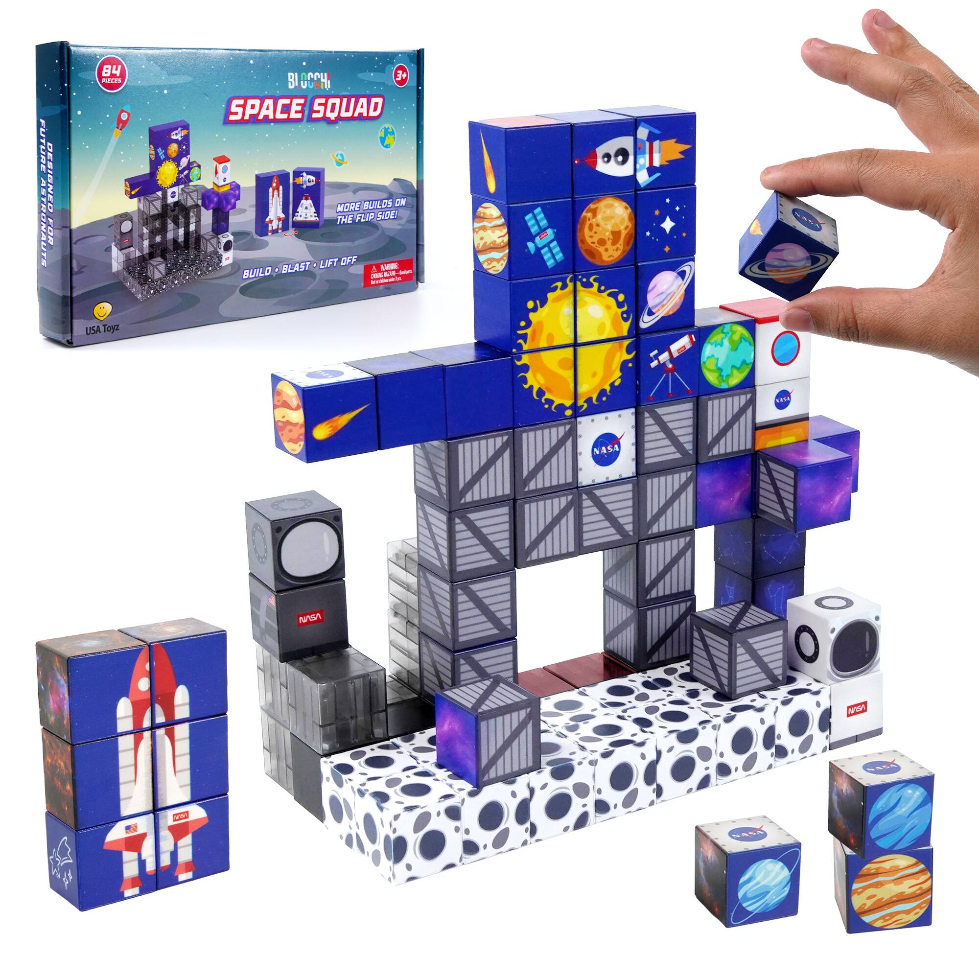 FUTURE ASTRONAUT DESIGNER BUILD FOR THE FUTURE. BUILD - BLAST - LIFT OFF. MORE BUILDS ON THE FLIP SIDE! USA TOYS